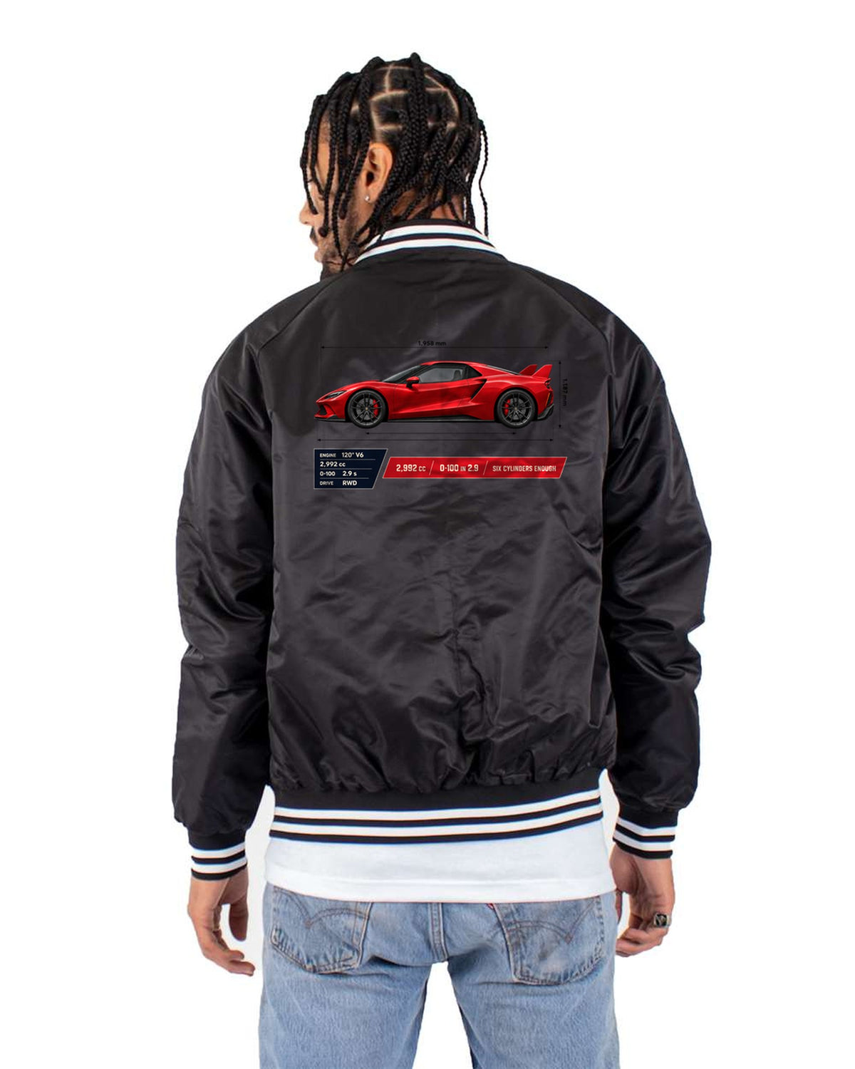 Ferrari 296 GTB Spec Poster Shirt, 2,992 cc Six Cylinders Bomber Jacket Black back