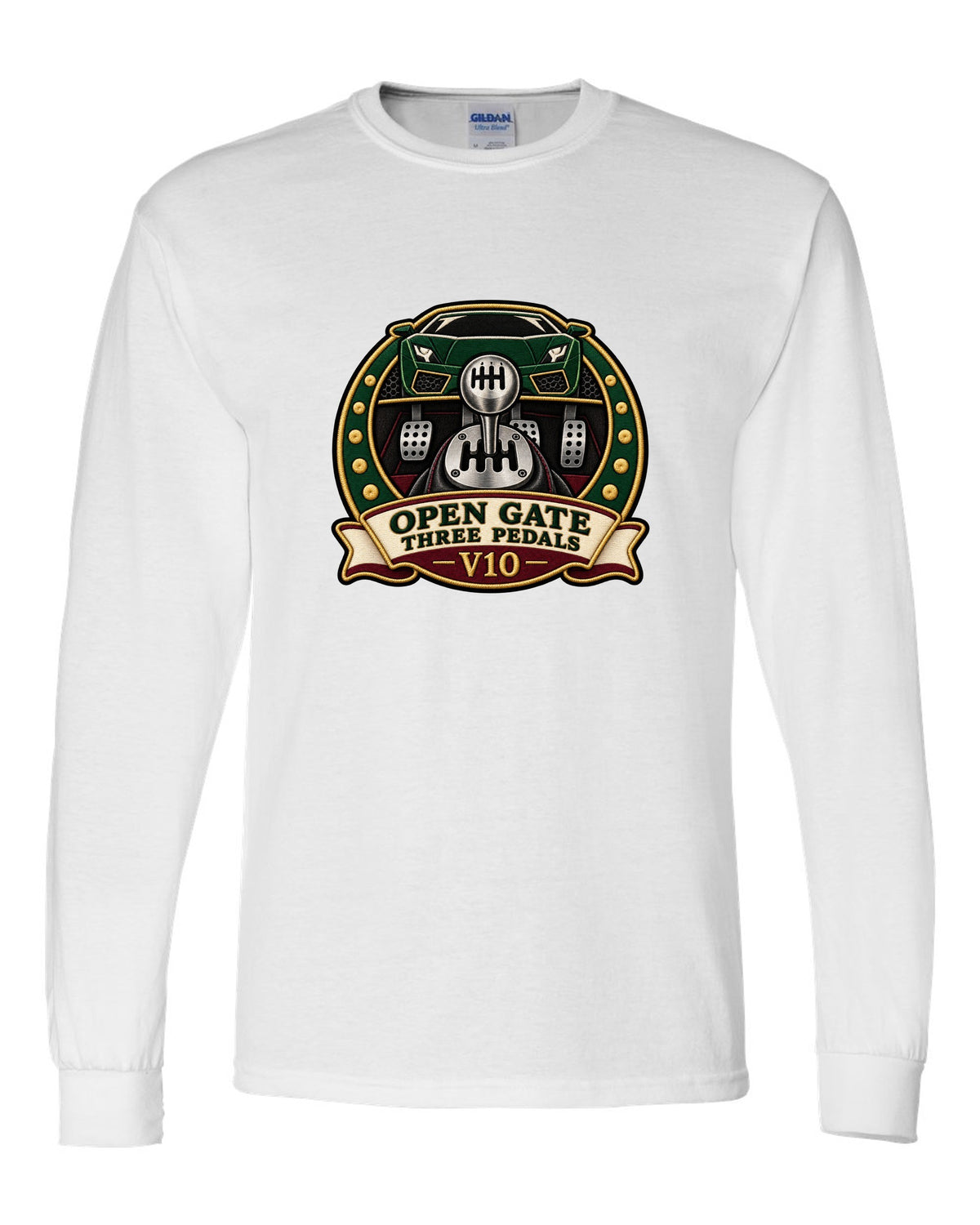 Embroidery-style crest of a 2004 Lamborghini Gallardo gated six-speed with open gate text white long sleeve front view with the design