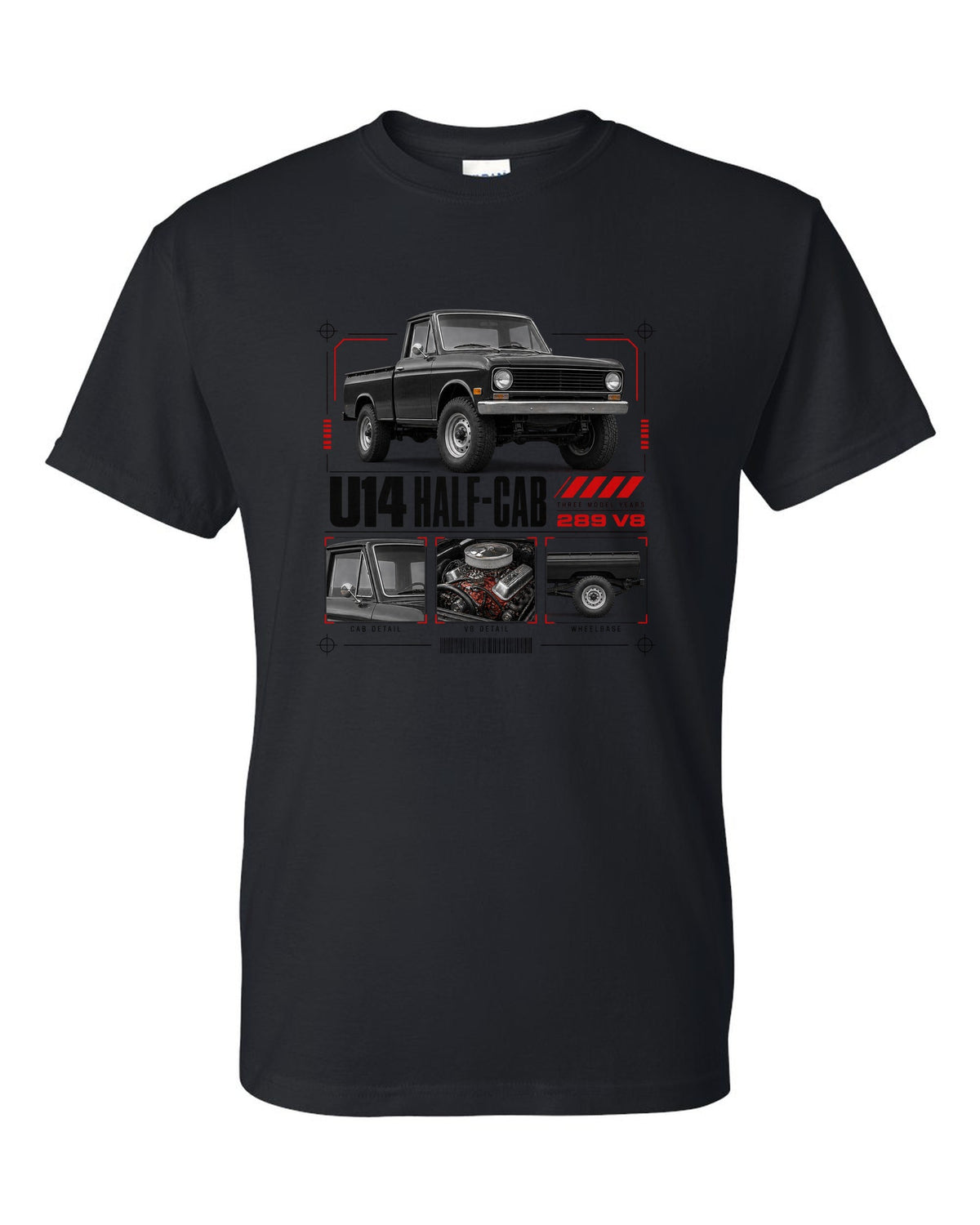 Ford Early Bronco U14 half-cab dossier panel print with 289 V8 and three model years black t-shirt front view with the design