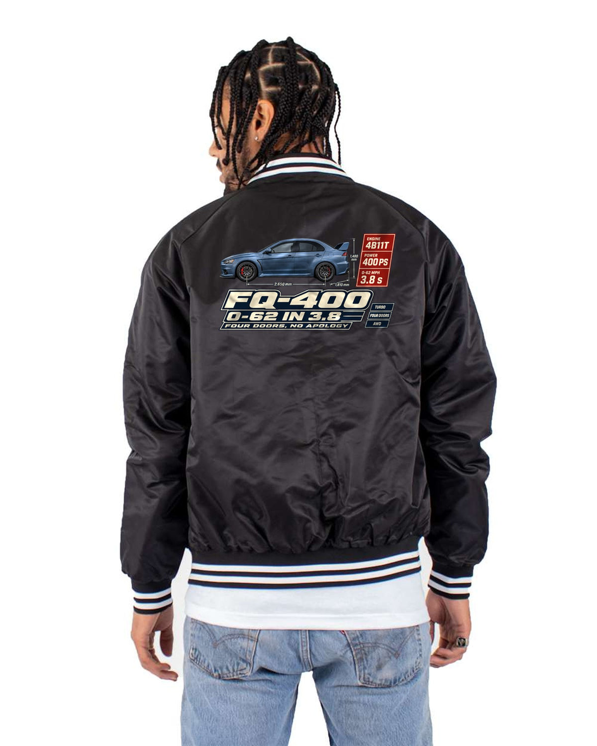Evo X FQ-400 Spec Poster Tee, 0-62 in 3.8, Four Doors Bomber Jacket Black back