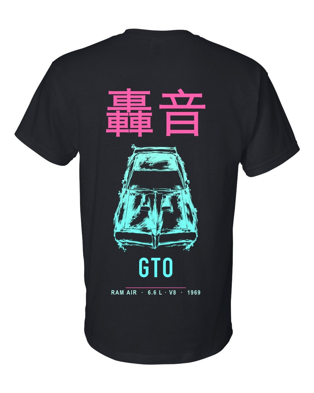 GTO full-back artwork black t-shirt back view with the design