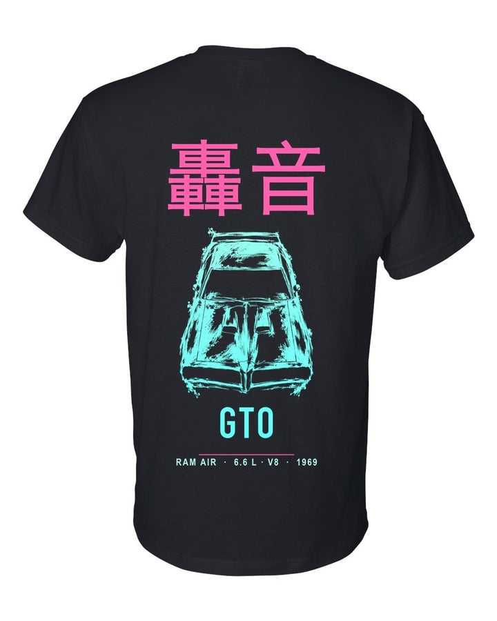 GTO full-back artwork black t-shirt back view with the design