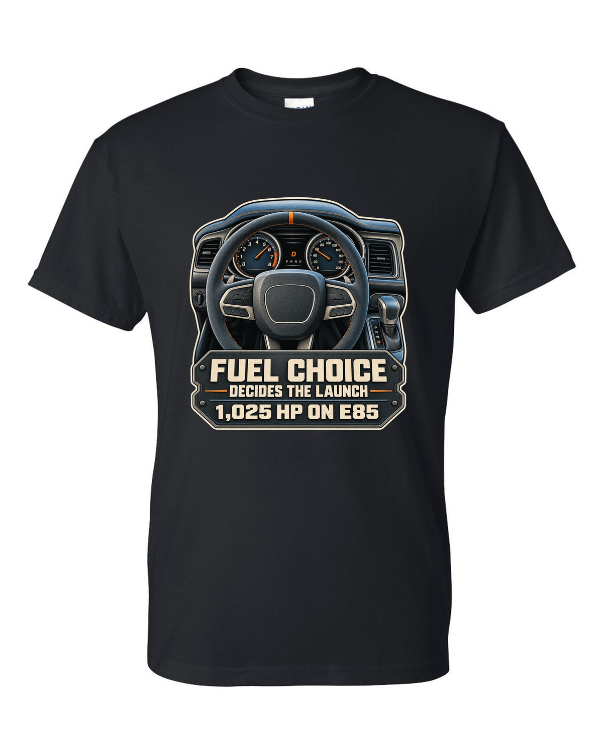 Dodge Challenger SRT Demon 170 cockpit gauge print with E85 1,025 HP text black t-shirt front view with the design