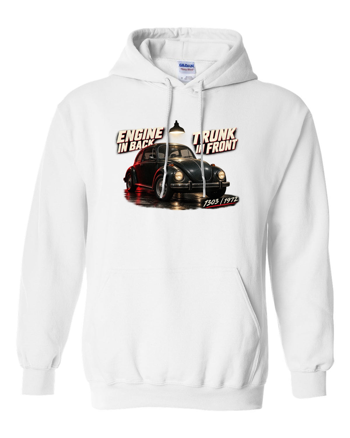 Garage night print of a VW Beetle 1303 front three-quarter with engine in back trunk in front text white pull over hoodie front view with the design