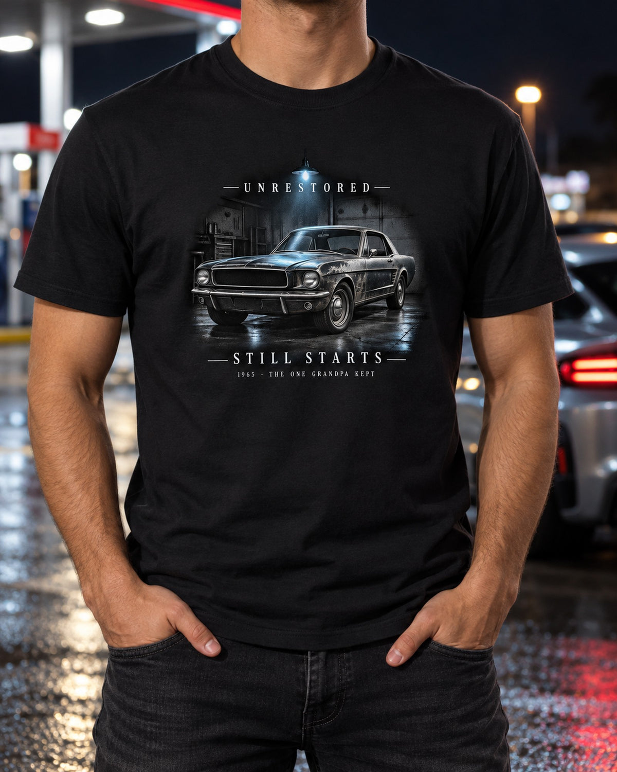 1965 Ford Mustang Coupe Garage Night Shirt, Wimbledon White T-Shirt Black worn hero
