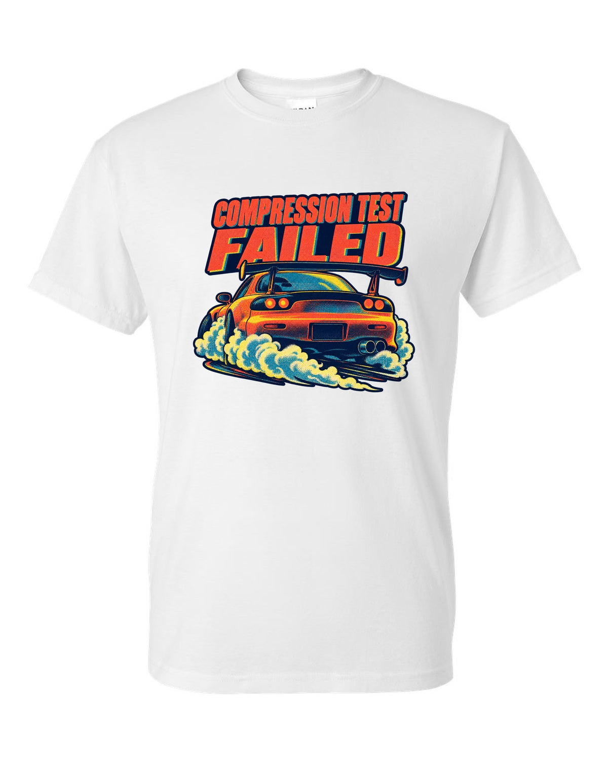 Risograph spot-colour rear view of a Mazda RX-7 FD3S with glowing taillights white t-shirt front view with the design