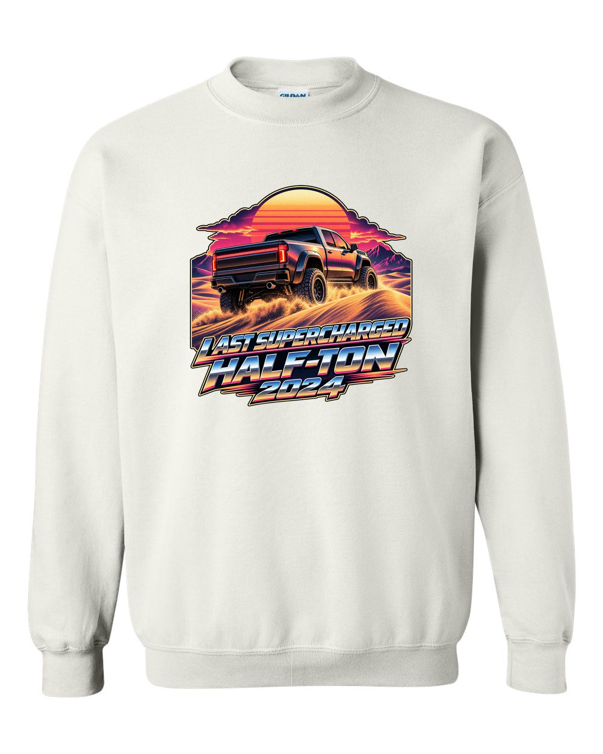 Retro 80s sunset print of a Ram 1500 TRX Final Edition on dunes white crewneck front view with the design