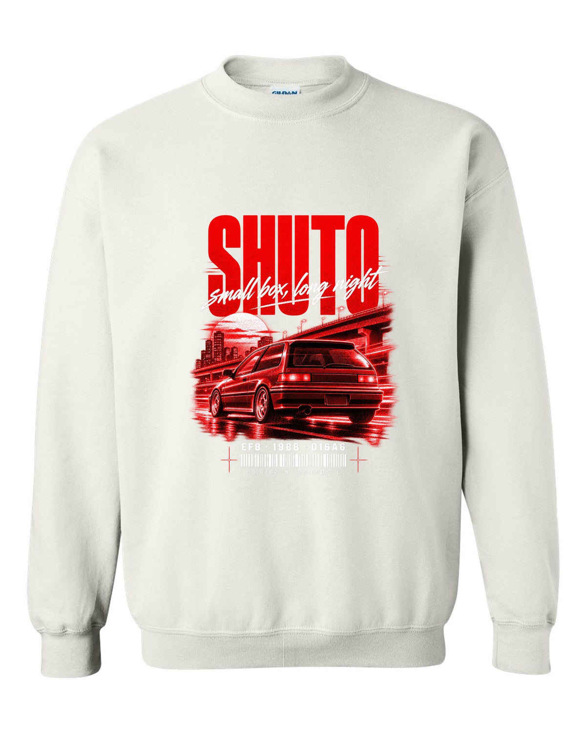 Street poster print for the 1988 Honda CRX EF8 Si with Shuto night lettering and D16A6 engine code white crewneck front view with the design