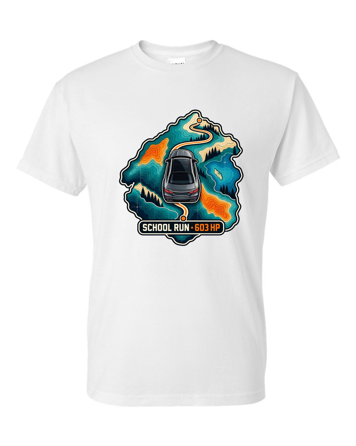 Topographic route map graphic reading School Run 603 HP for a Mercedes E63 W213, print white t-shirt front view with the design
