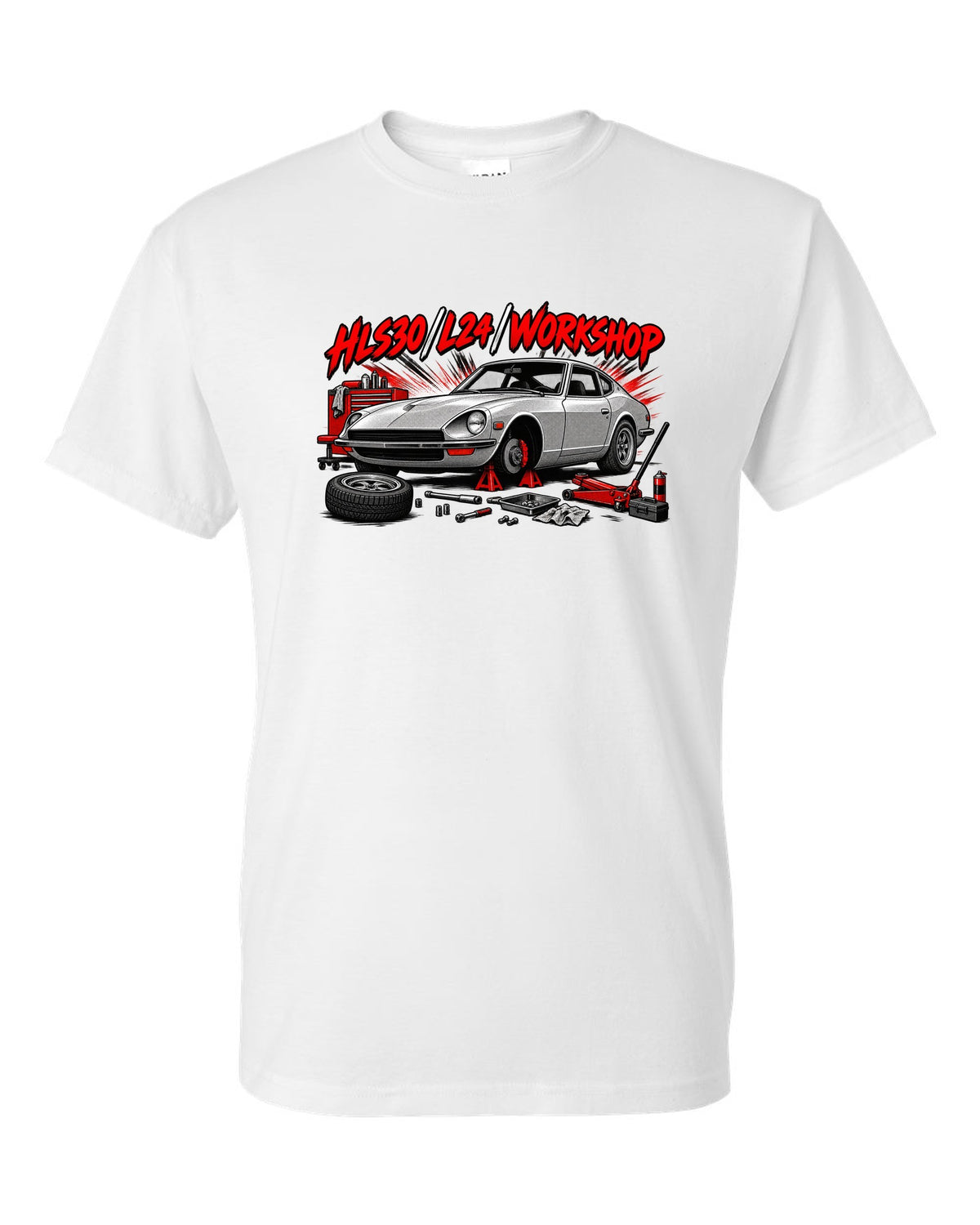 Retro manga halftone panel print of the Datsun 240Z HLS30 with L24 workshop lettering white t-shirt front view with the design