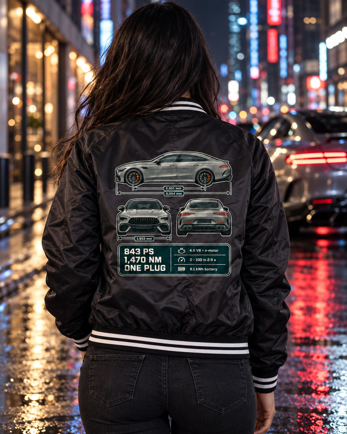 AMG GT 63 S E Performance 4-Door Three-View Spec Table Shirt Bomber Jacket Black worn hero