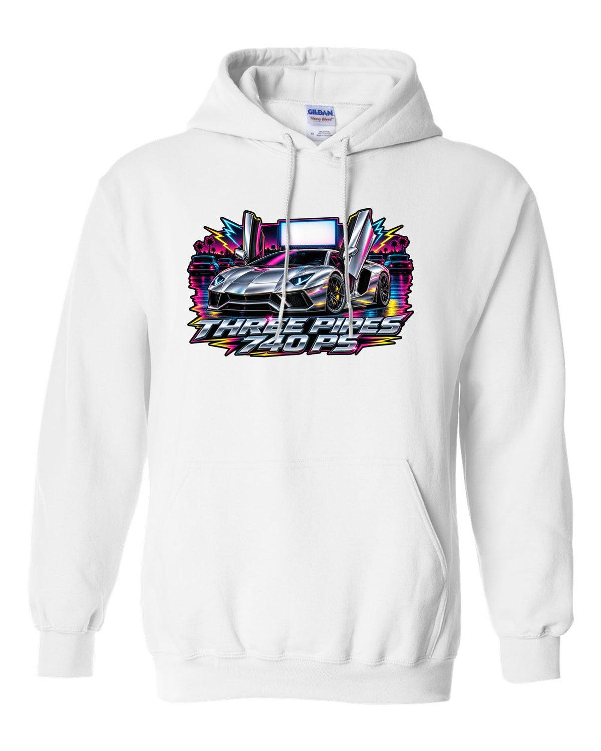 80s airbrush chrome Lamborghini Aventador S LP740-4 with the text THREE PIPES / 740 PS white pull over hoodie front view with the design