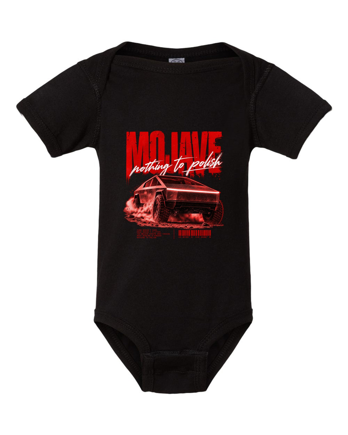 Tesla Cybertruck low front three-quarter on a Mojave desert road street poster black baby onesie front view with the design