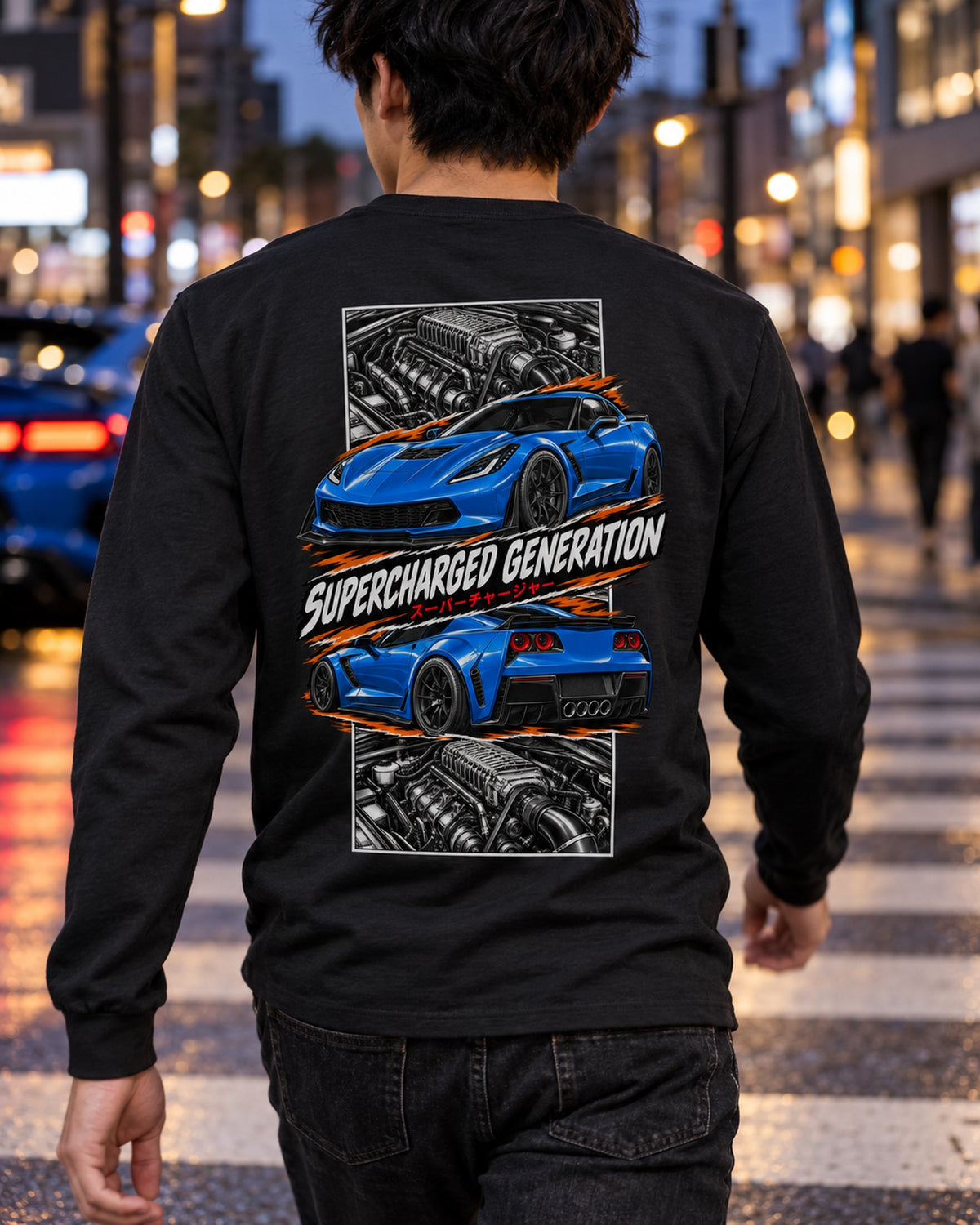 Corvette C7 Z06 Torn Poster Full-Back Graphic Tee Long Sleeve Black worn hero