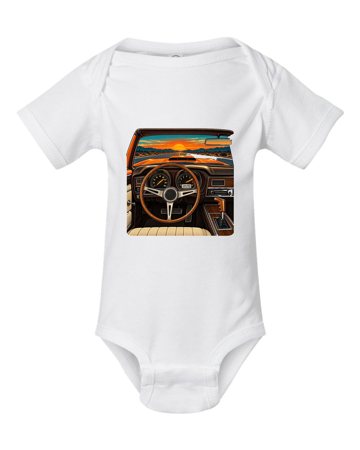 Retro dashboard illustration of a 1971 Dodge Charger Super Bee with six pack carb caption white baby onesie front view with the design