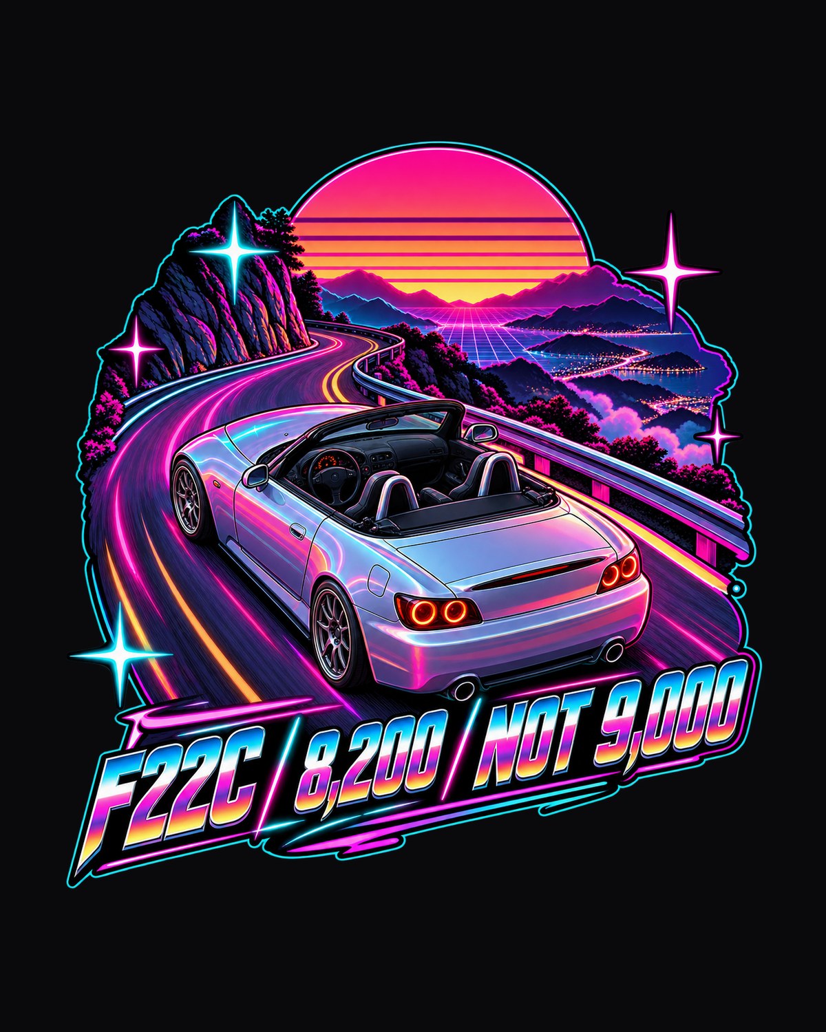 Honda S2000 AP2 F22C Neon Synthwave Tee, Roof Off Summit design only