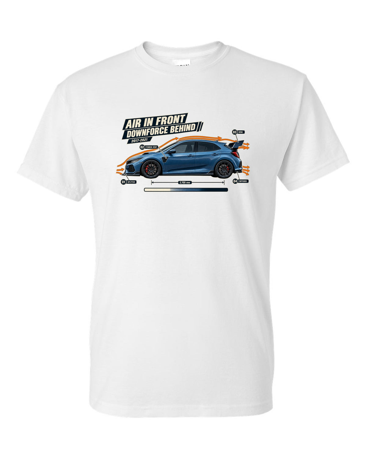 print aero callout drawing of a Boost Blue Honda Civic Type R FK8 white t-shirt front view with the design