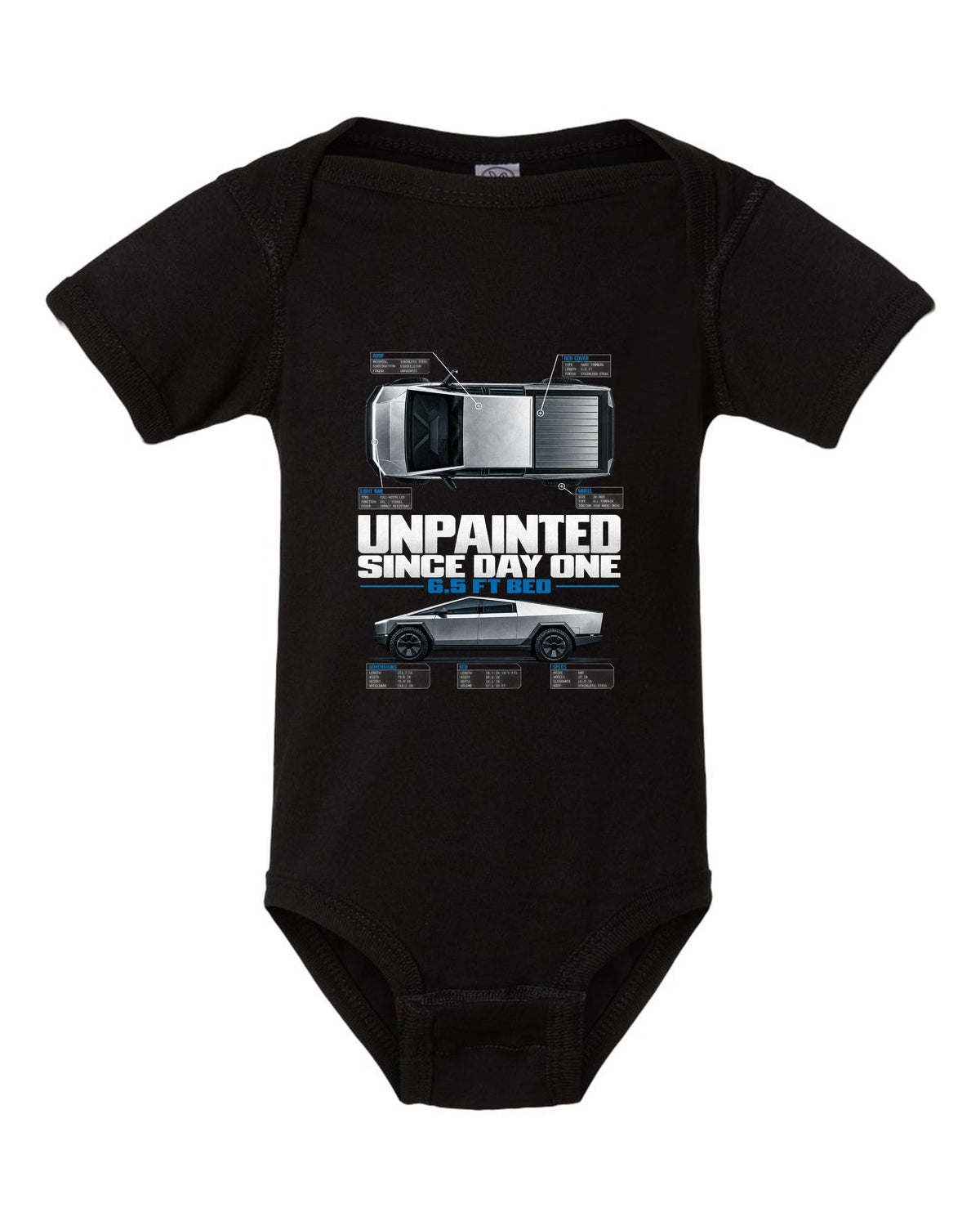 Tesla Cybertruck top-down and profile spec poster with unpainted since day one text black baby onesie front view with the design