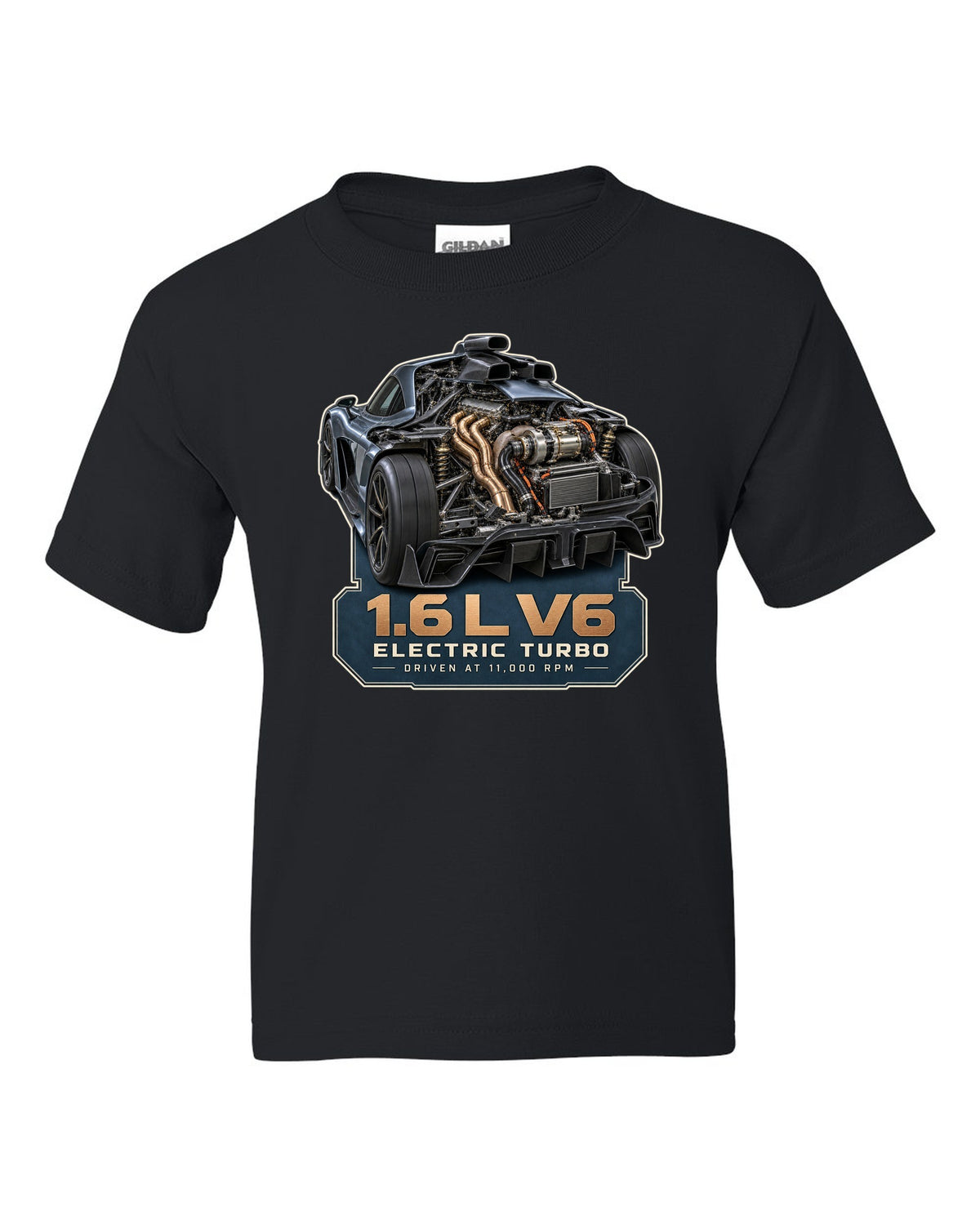 Mercedes-AMG One 1.6 L V6 hybrid power unit engine illustration black kids tee front view with the design