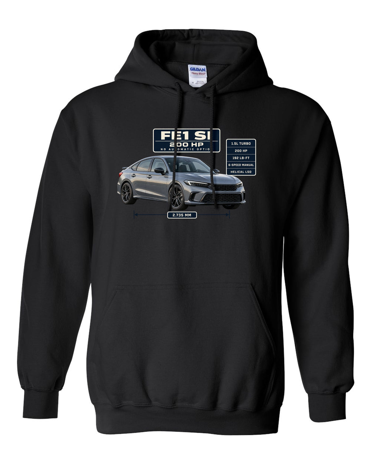 Honda Civic Si FE1 sedan front three-quarter spec poster print black pull over hoodie front view with the design