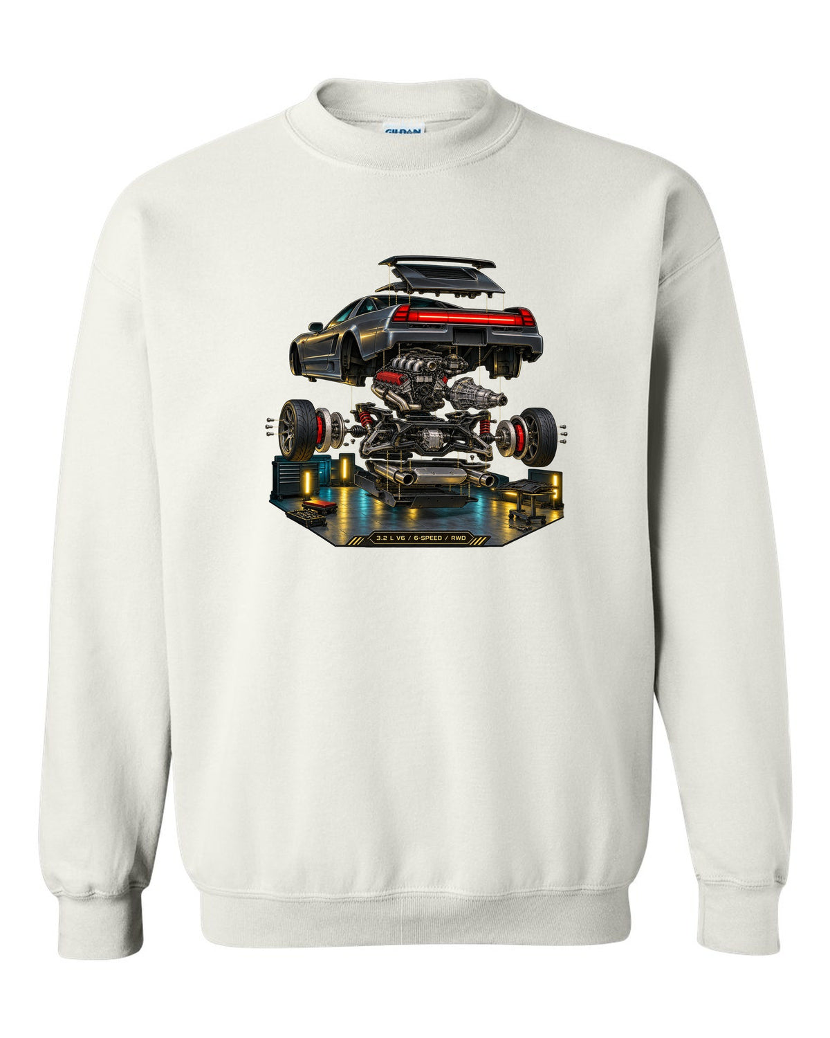 Isometric exploded diagram print of the Honda NSX NA2 with 3.2 L V6 6-speed RWD text white crewneck front view with the design
