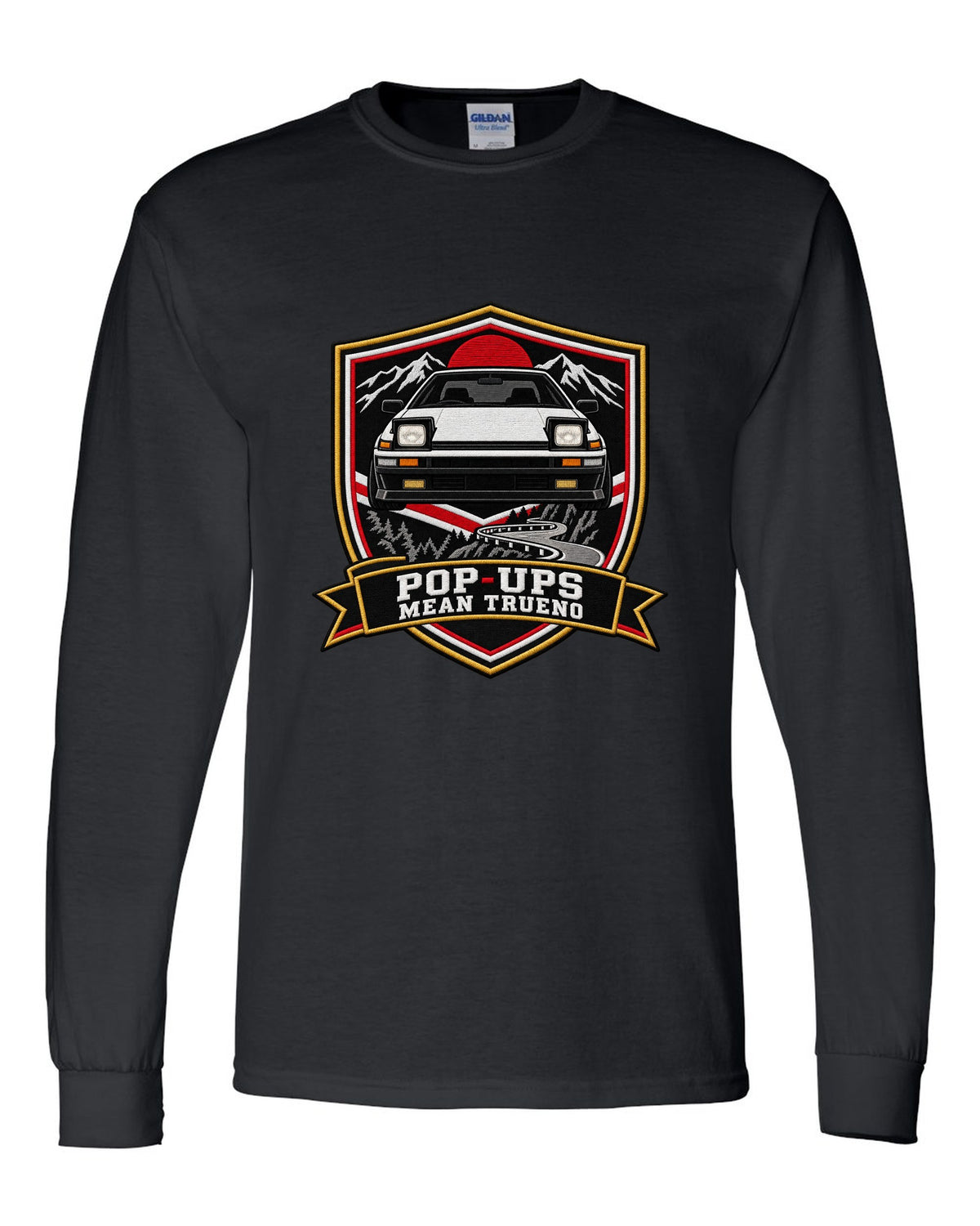 Embroidery varsity crest print of a Toyota Sprinter Trueno AE86 with Pop-Ups lettering black long sleeve front view with the design