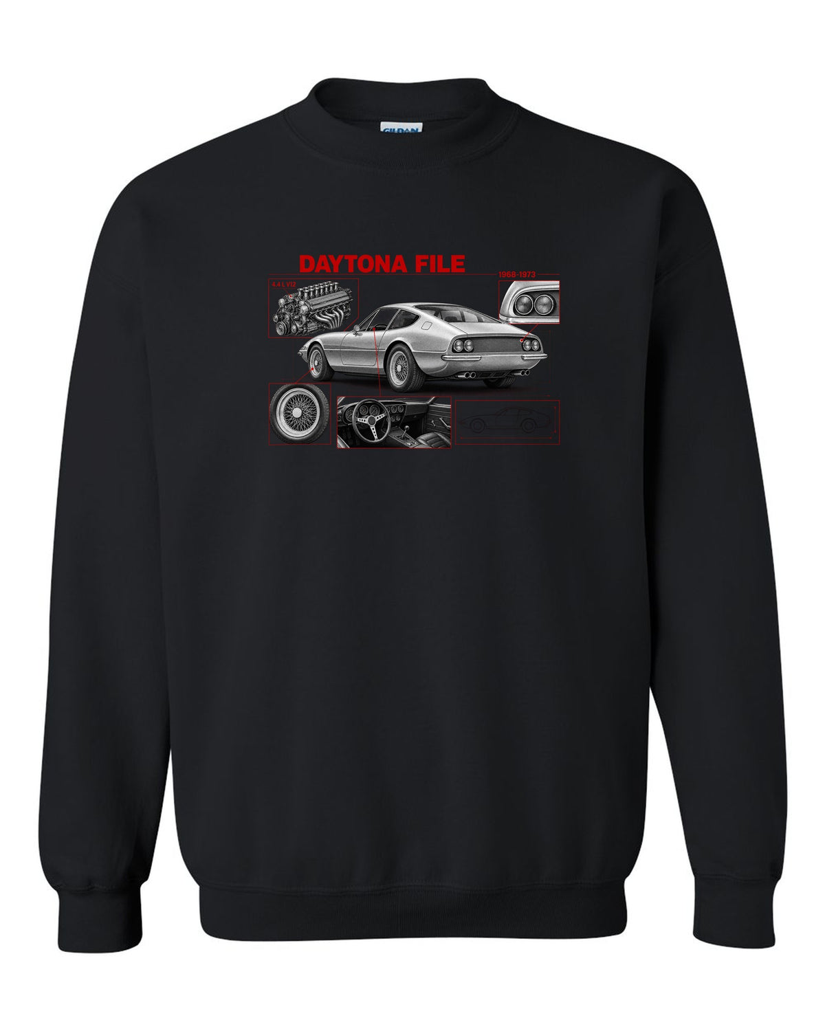 Engine hero print of a Ferrari 365 GTB/4 Daytona V12 with six twin-choke Weber carburettors black crewneck front view with the design
