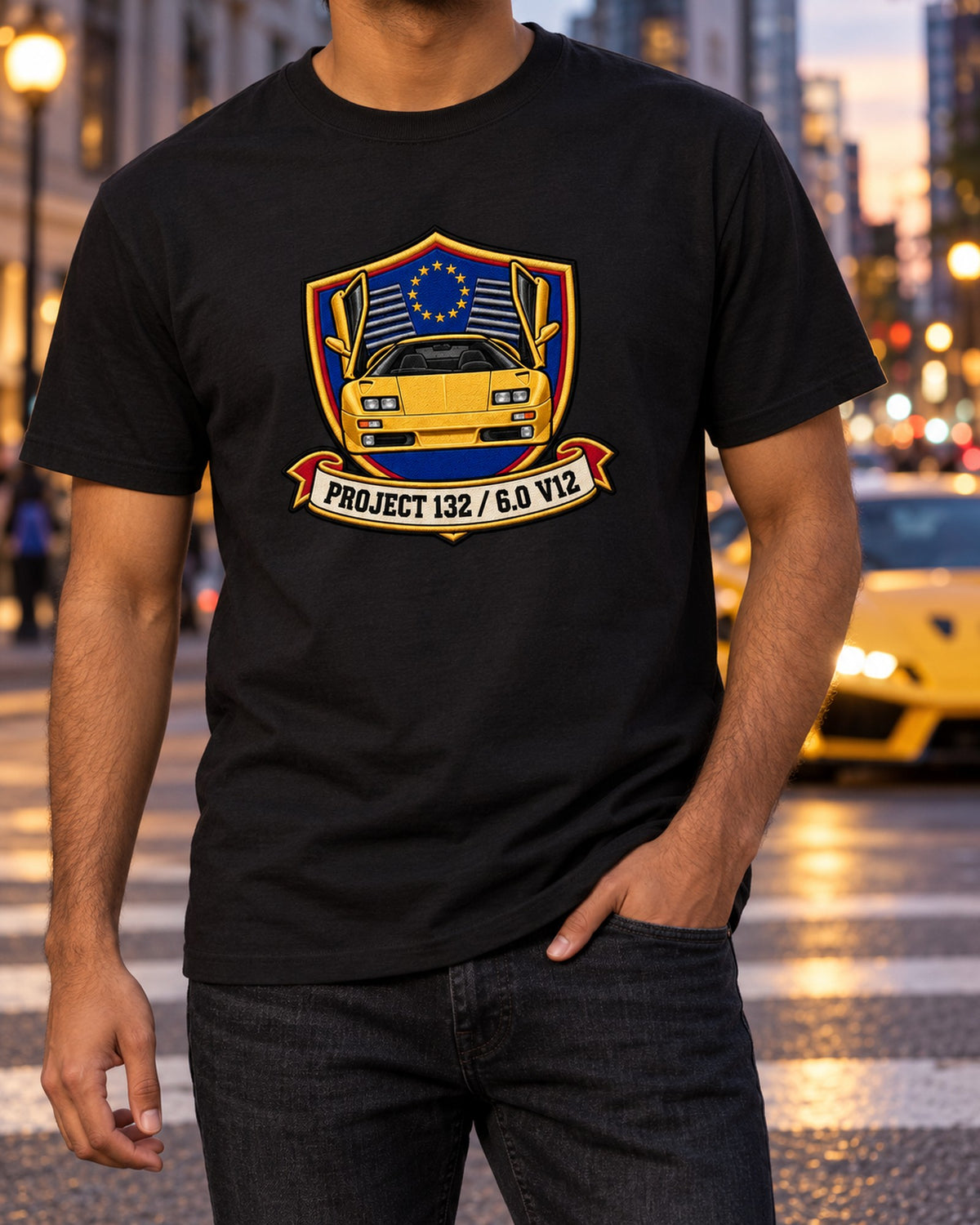 Lamborghini Diablo VT 6.0 Embroidery Crest Shirt, Project 132 T-Shirt Black worn hero