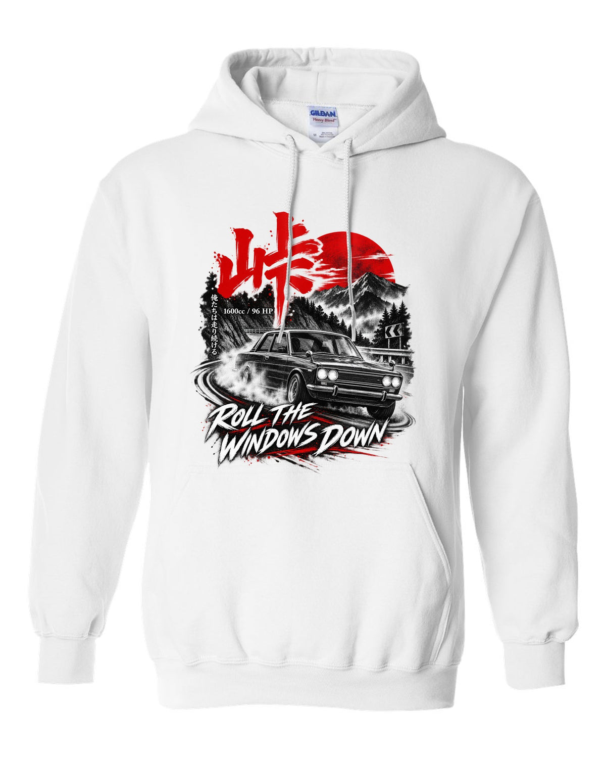 print of a Datsun 510 PL510 sedan on a mountain road at night with touge kanji white pull over hoodie front view with the design