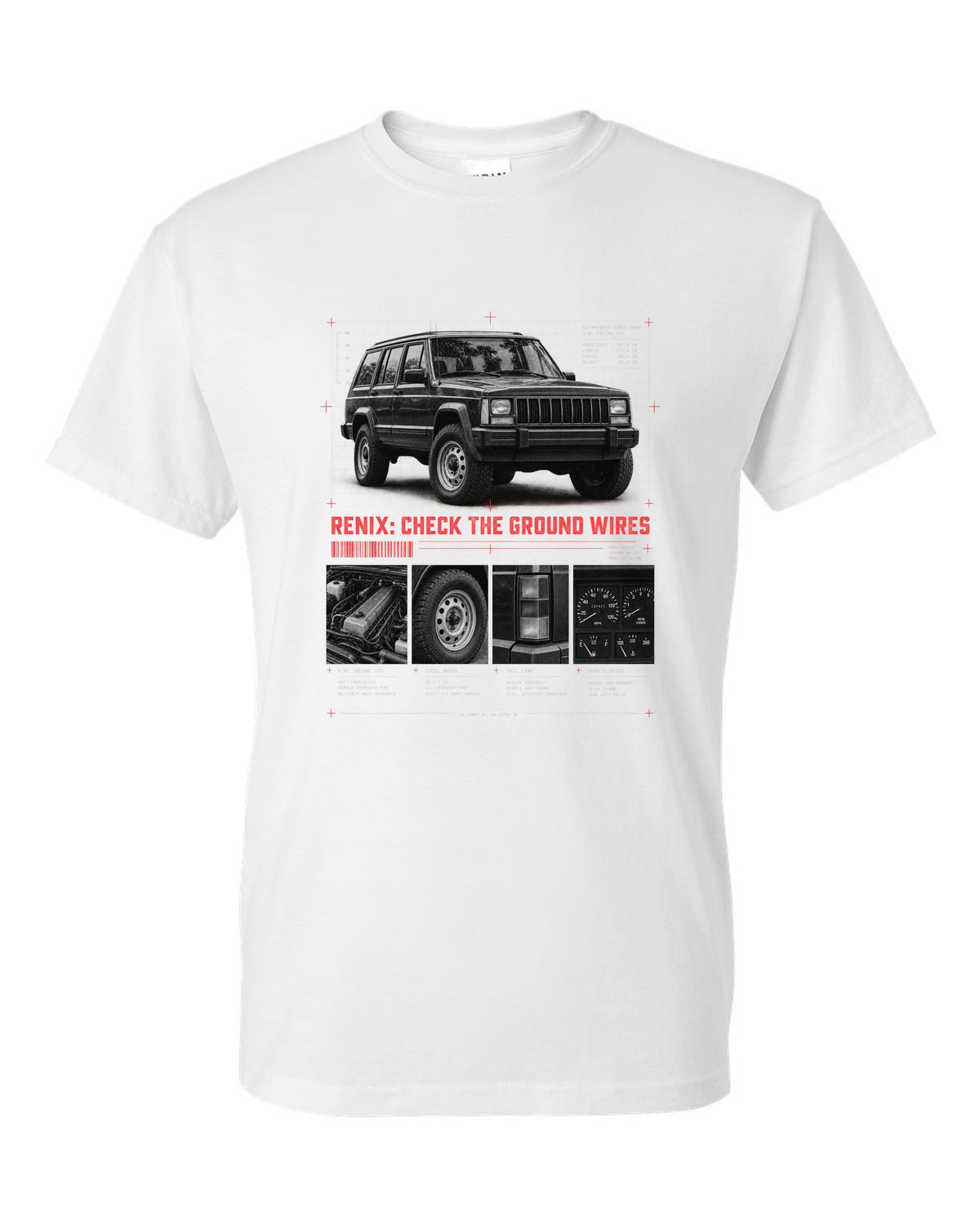 Dossier panel print for the Jeep Cherokee XJ Renix era, 1987-1990 4.0L white t-shirt front view with the design