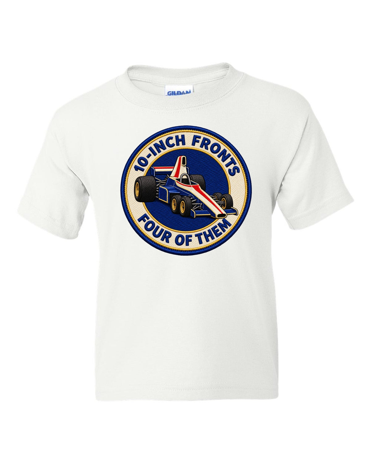 Varsity crest print of the Tyrrell P34 with 10-inch fronts, four of them lettering white kids tee front view with the design