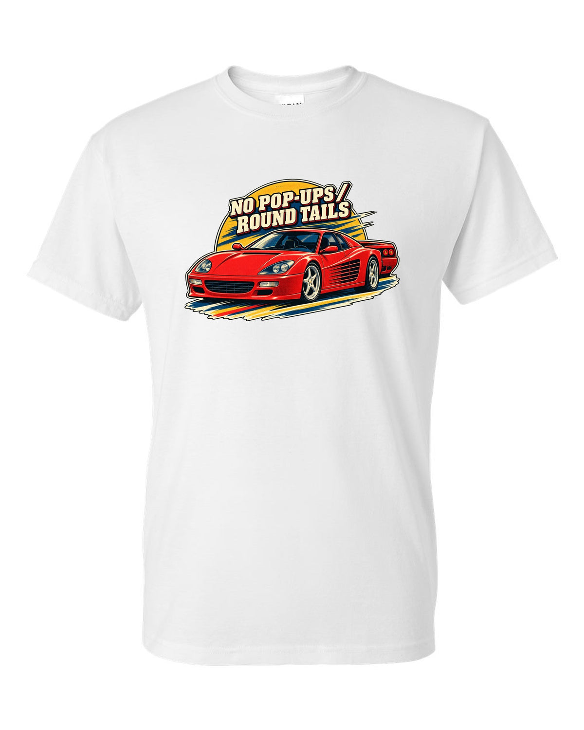 Retro race programme illustration print of the Ferrari F512 M with the text no pop-ups, round tails white t-shirt front view with the design