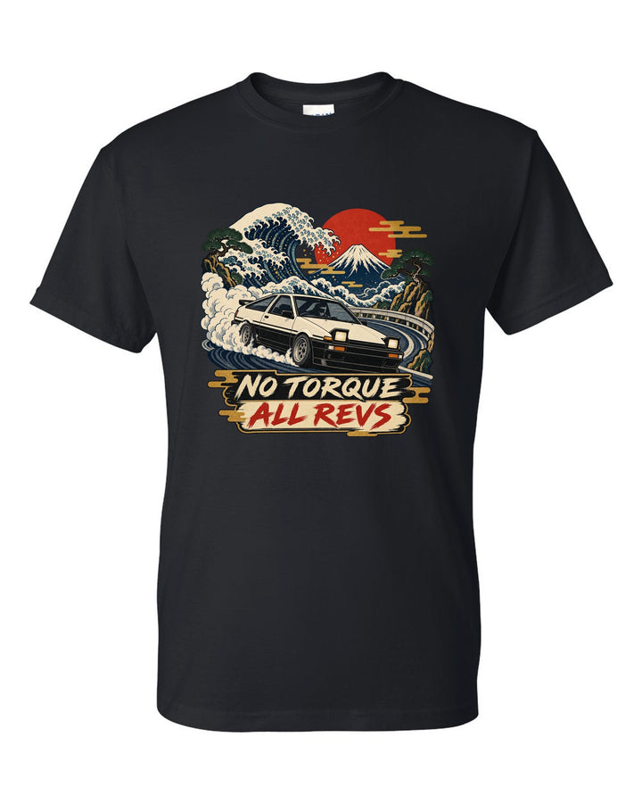 Woodblock ukiyo-e print of a 1985 Toyota Sprinter Trueno AE86 with No Torque All Revs lettering black t-shirt front view with the design