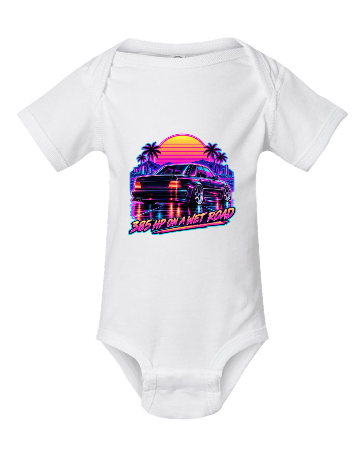 Synthwave outrun print of Mercedes 300E Hammer W124 taillights on a wet road white baby onesie front view with the design