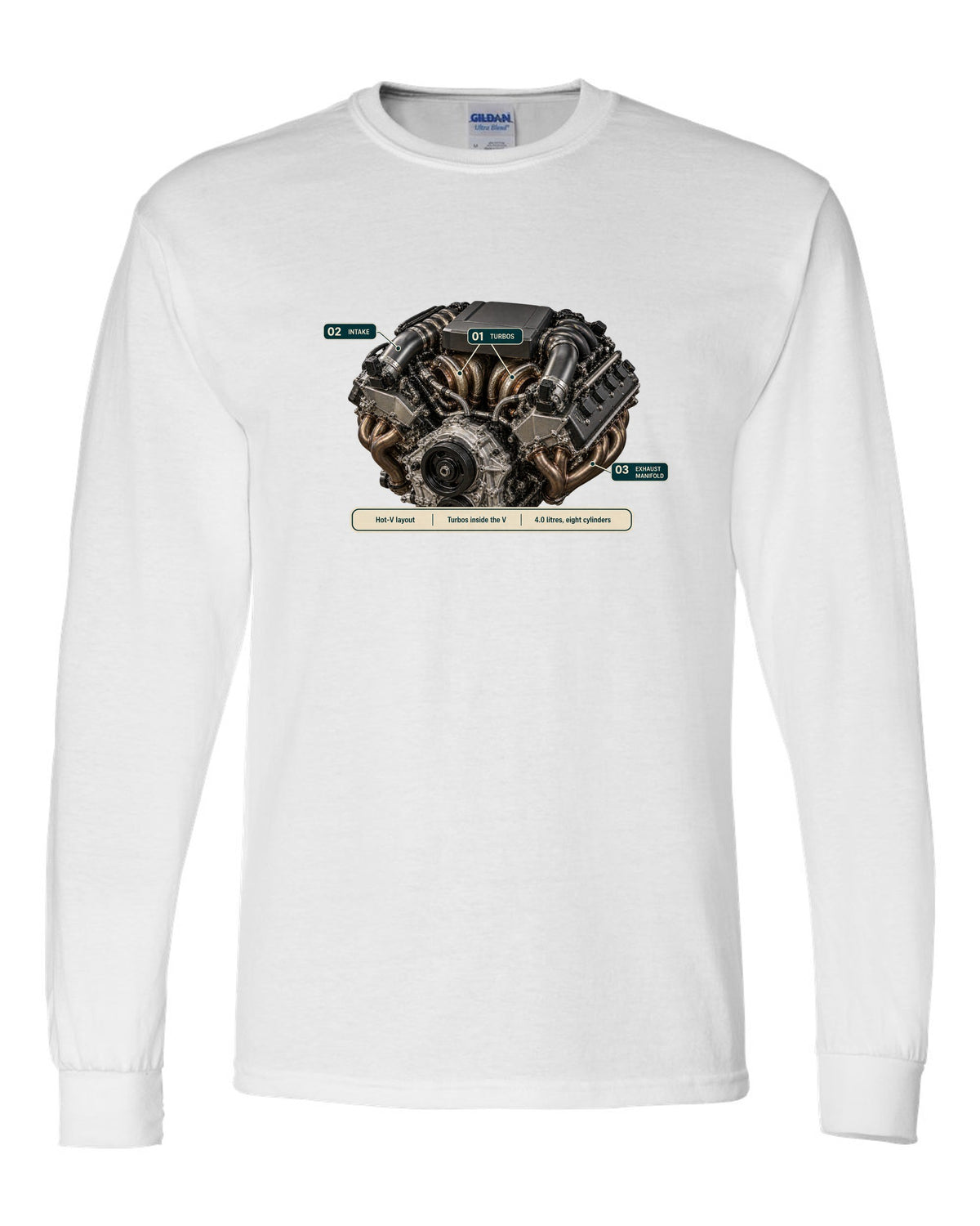 Engine hero print of the Mercedes-AMG M177 4.0 V8 from the G63 white long sleeve front view with the design