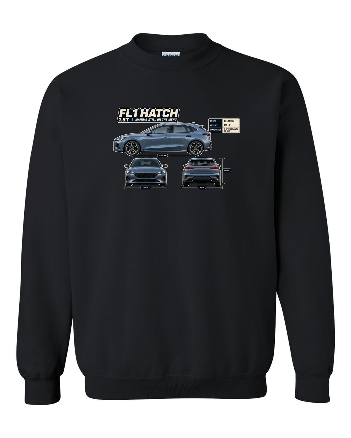 Honda Civic chback FL1 three-view spec table print black crewneck front view with the design