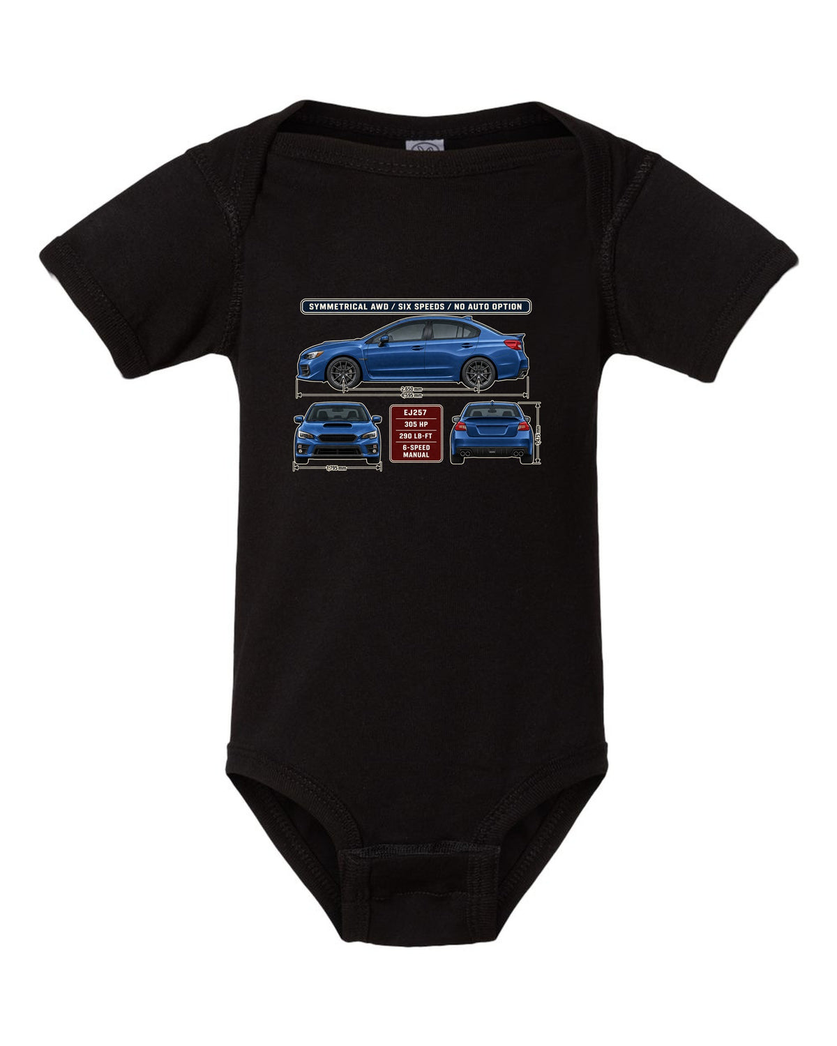 Subaru WRX STI VA graphite sedan three-view drawing with red accent black baby onesie front view with the design
