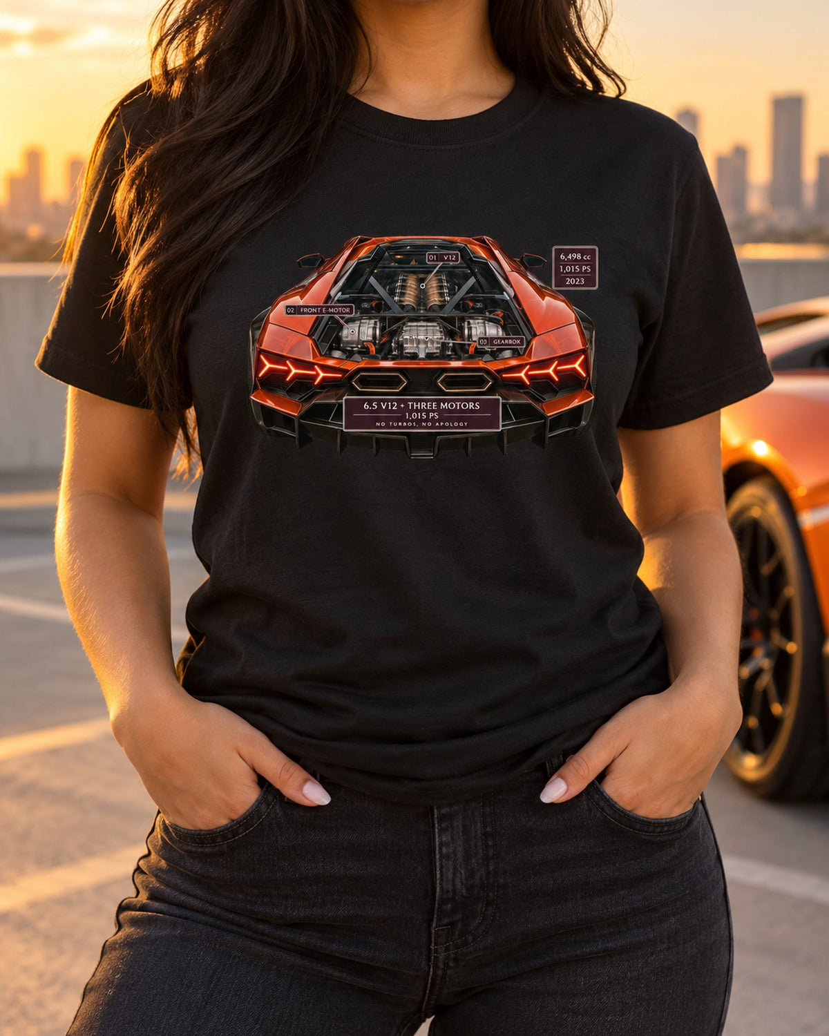 Lamborghini Revuelto Engine Hero Tee, V12 Car Guy Shirt T-Shirt Black worn hero