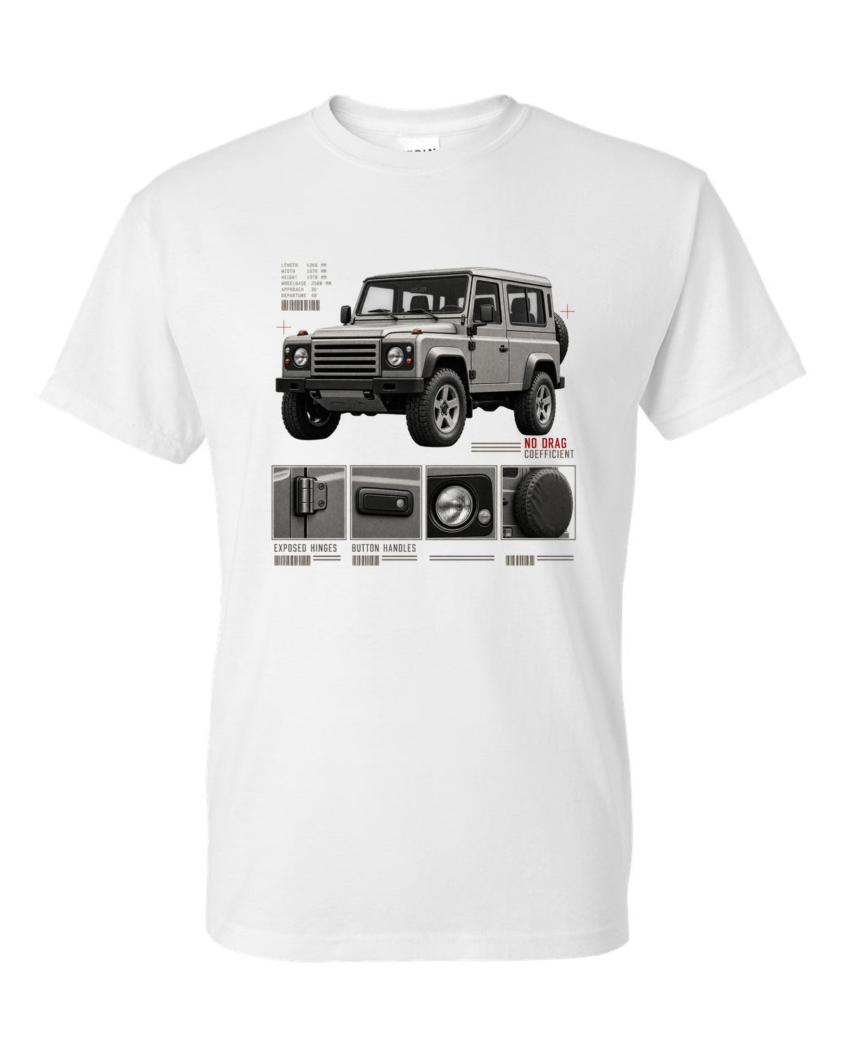 Dossier panel print of a Mercedes G-Class W463 listing exposed hinges and button handles white t-shirt front view with the design