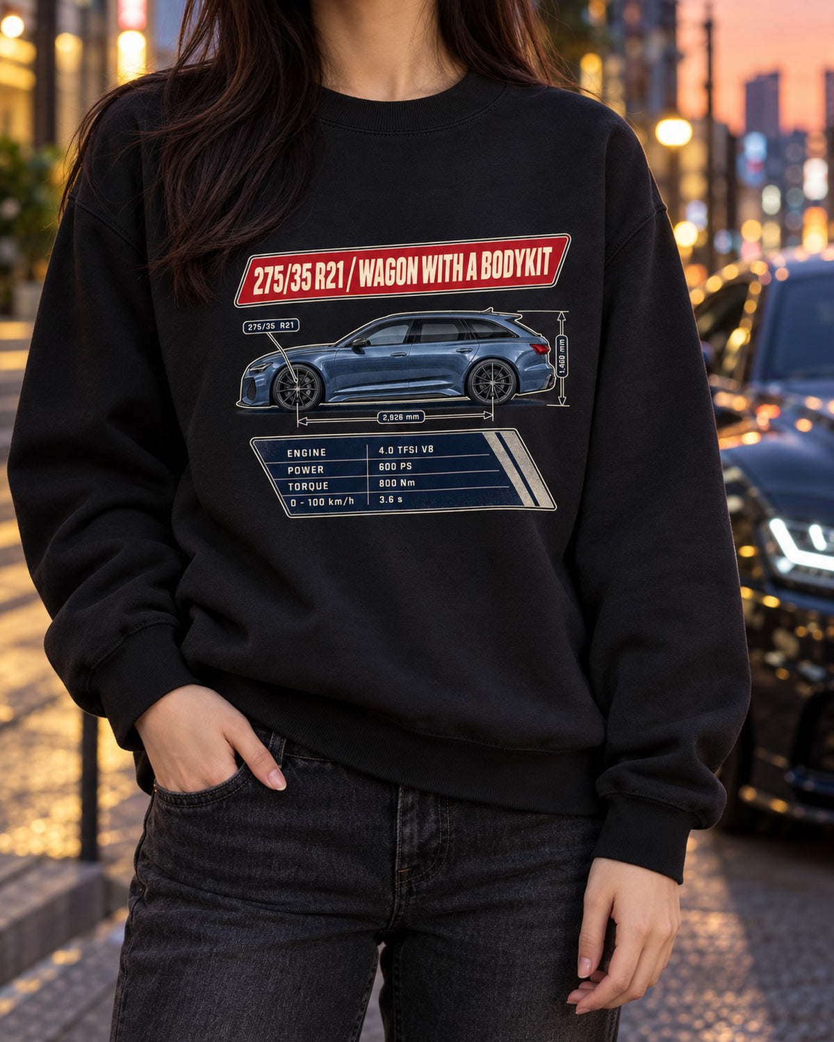 Audi RS6 Avant C8 Spec Poster Shirt, 275/35 R21 Wagon Tee Crewneck Black worn hero