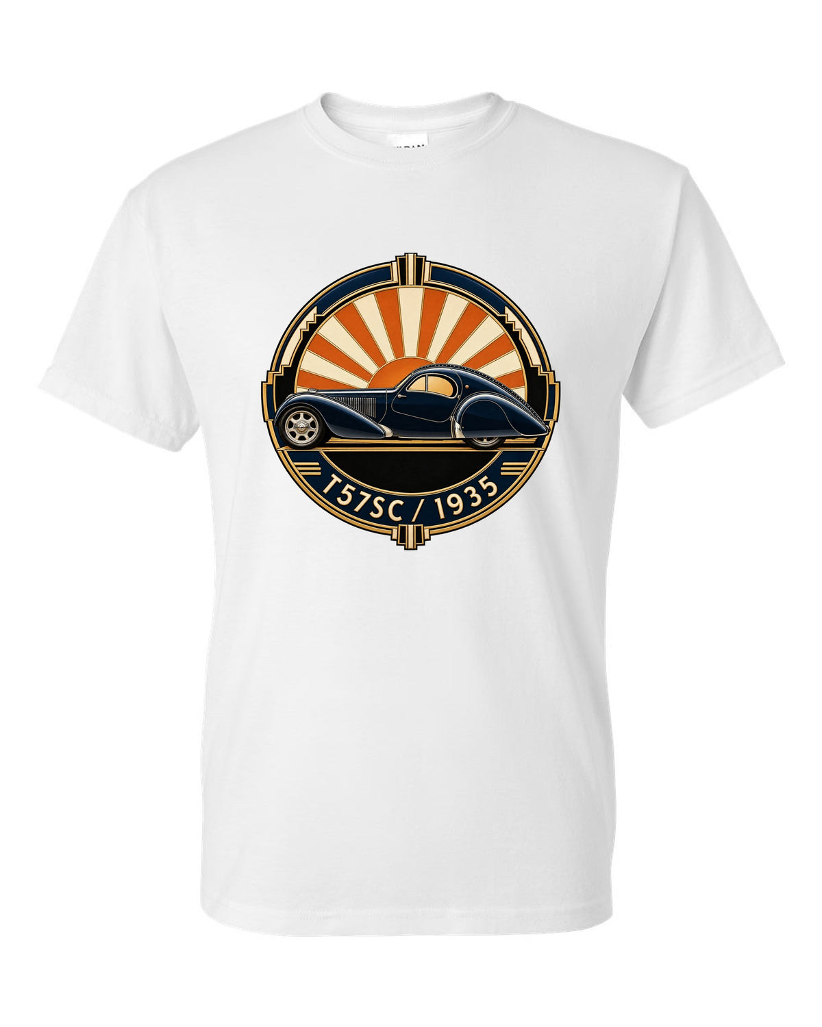 Art Deco crest design featuring the Bugatti Type 57SC Atlantic with T57SC 1935 lettering white t-shirt front view with the design