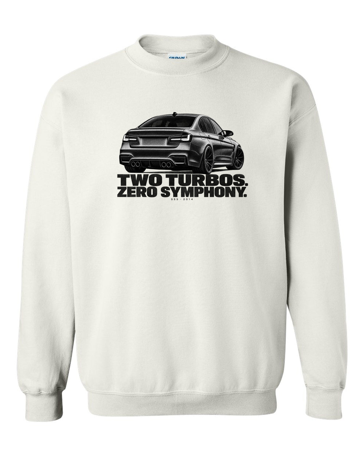 BMW F80 M3 sedan halftone print with two turbos zero symphony text white crewneck front view with the design