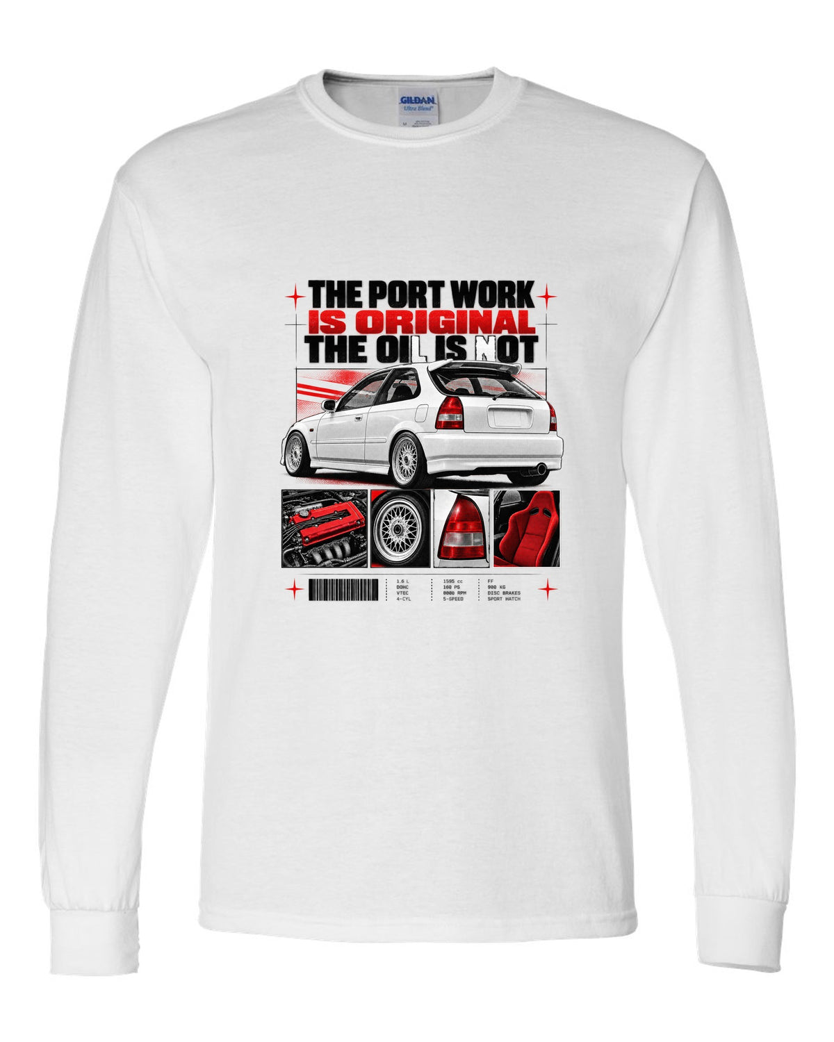 Dossier panel print of a 1998 Honda Civic EK9 chback with port work text white long sleeve front view with the design