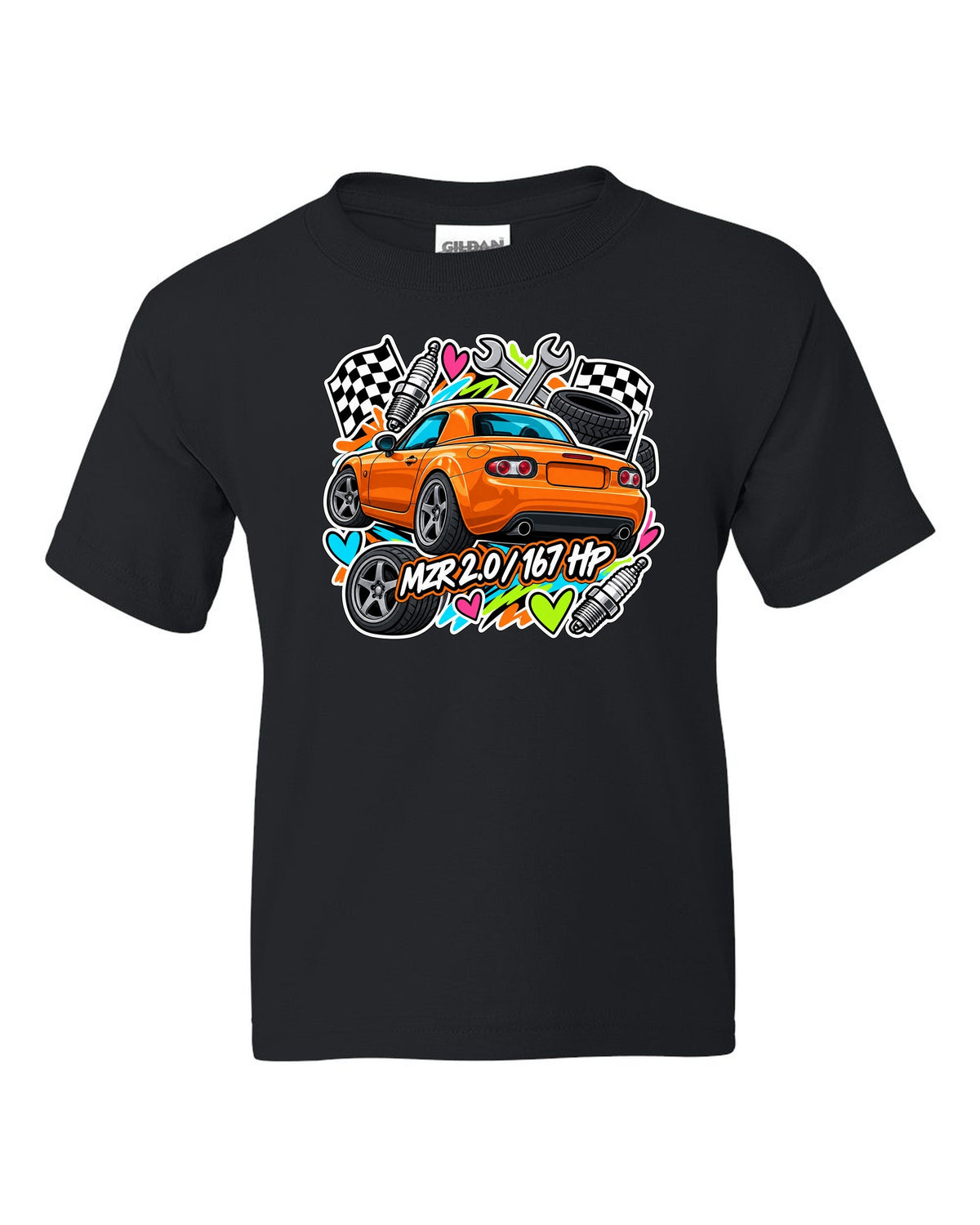 Mazda MX-5 NA6CE Cyanotype Blueprint black kids tee front view with the design