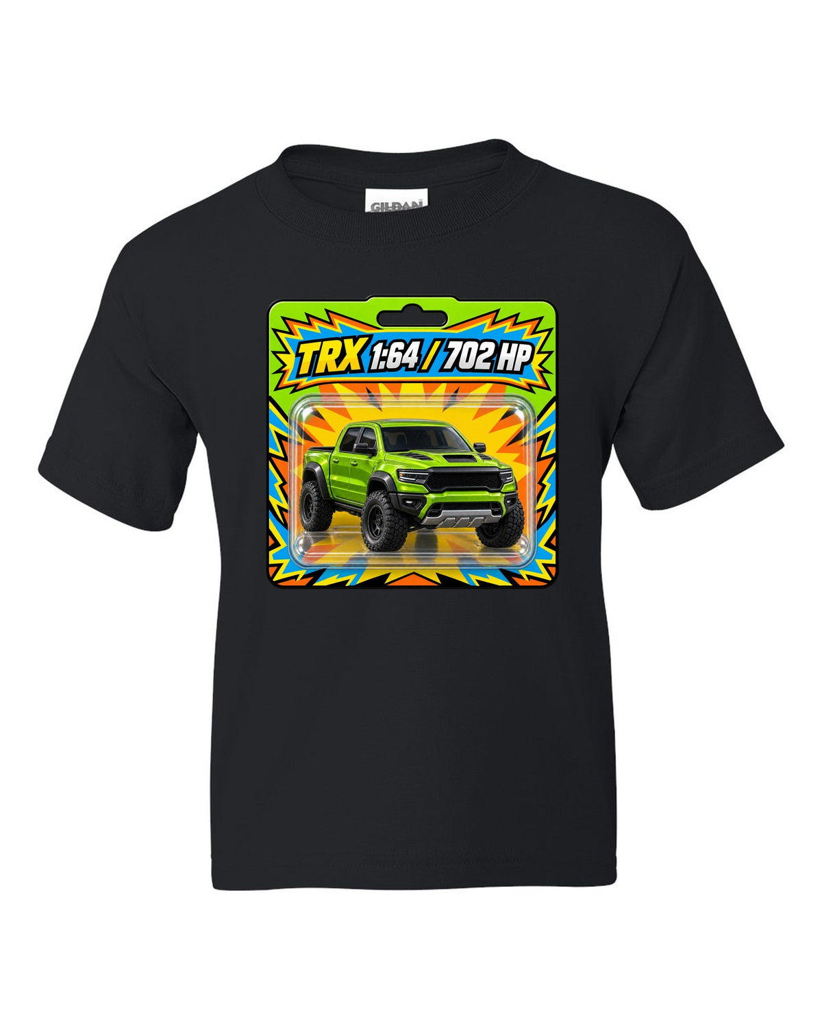 print of a 1:64 toy blister card featuring the Ram 1500 TRX with 702 HP black kids tee front view with the design