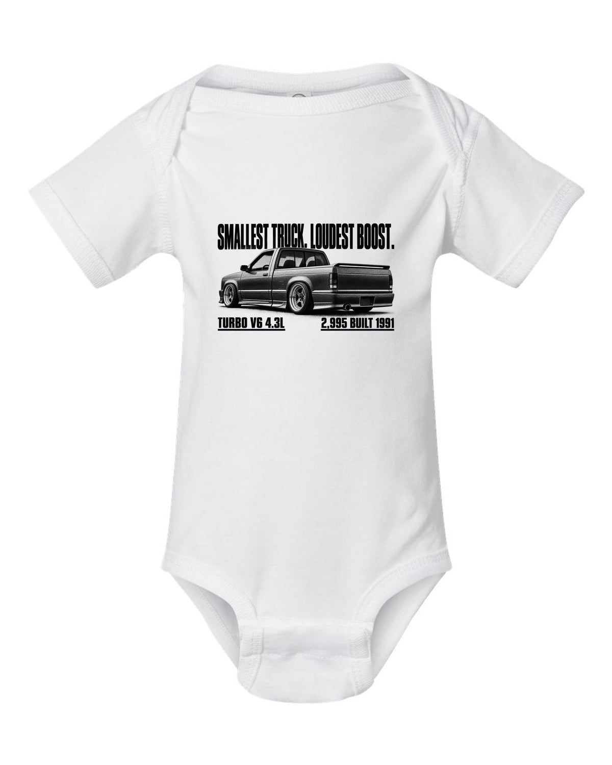 1991 GMC Syclone halftone profile with boost headline, print white baby onesie front view with the design
