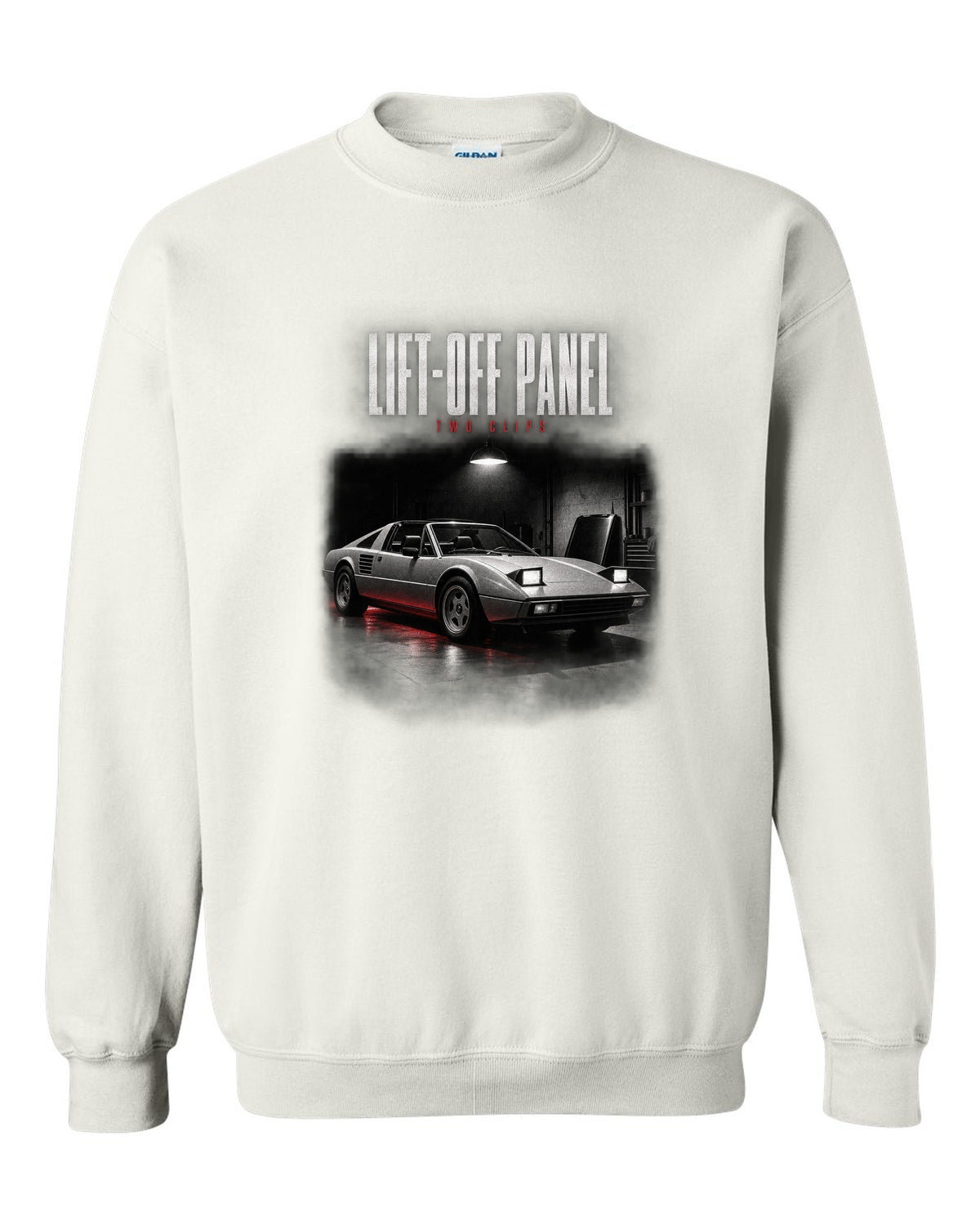 Ferrari 308 GTS 1977 targa garage night print, lift-off panel, two clips white crewneck front view with the design