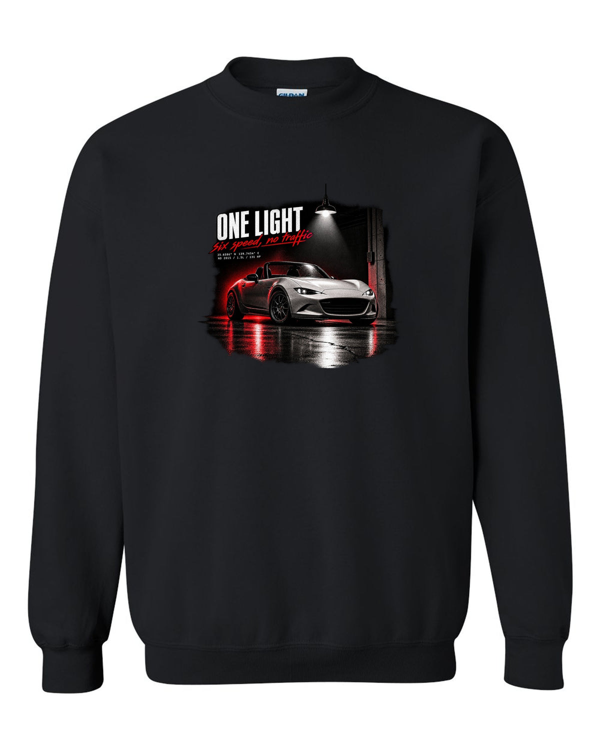Garage night print for the 2015 Mazda MX-5 ND with 1.5L, 131 HP and six-speed lettering black crewneck front view with the design