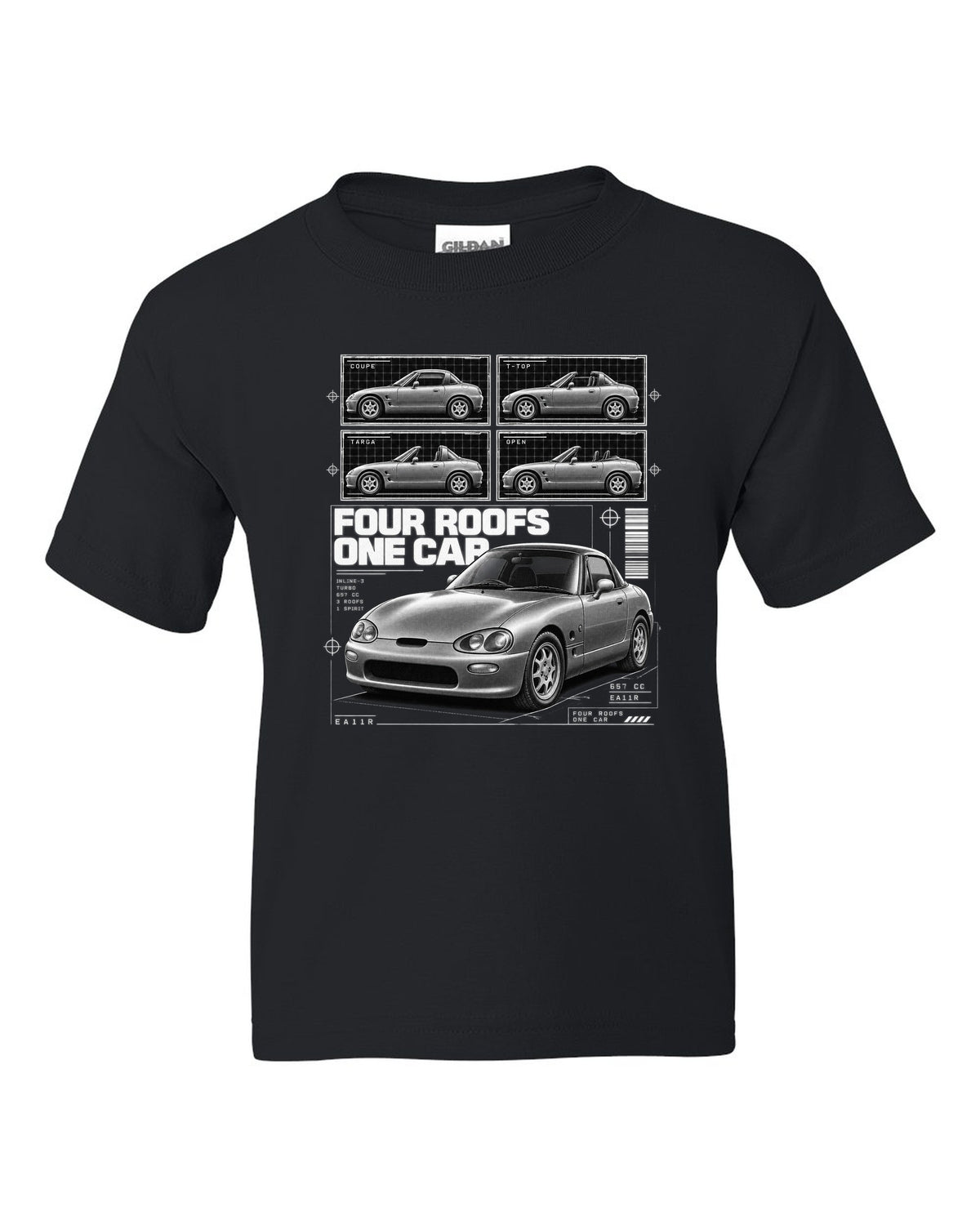 Dossier panel print of a Suzuki Cappuccino EA11R kei roadster black kids tee front view with the design