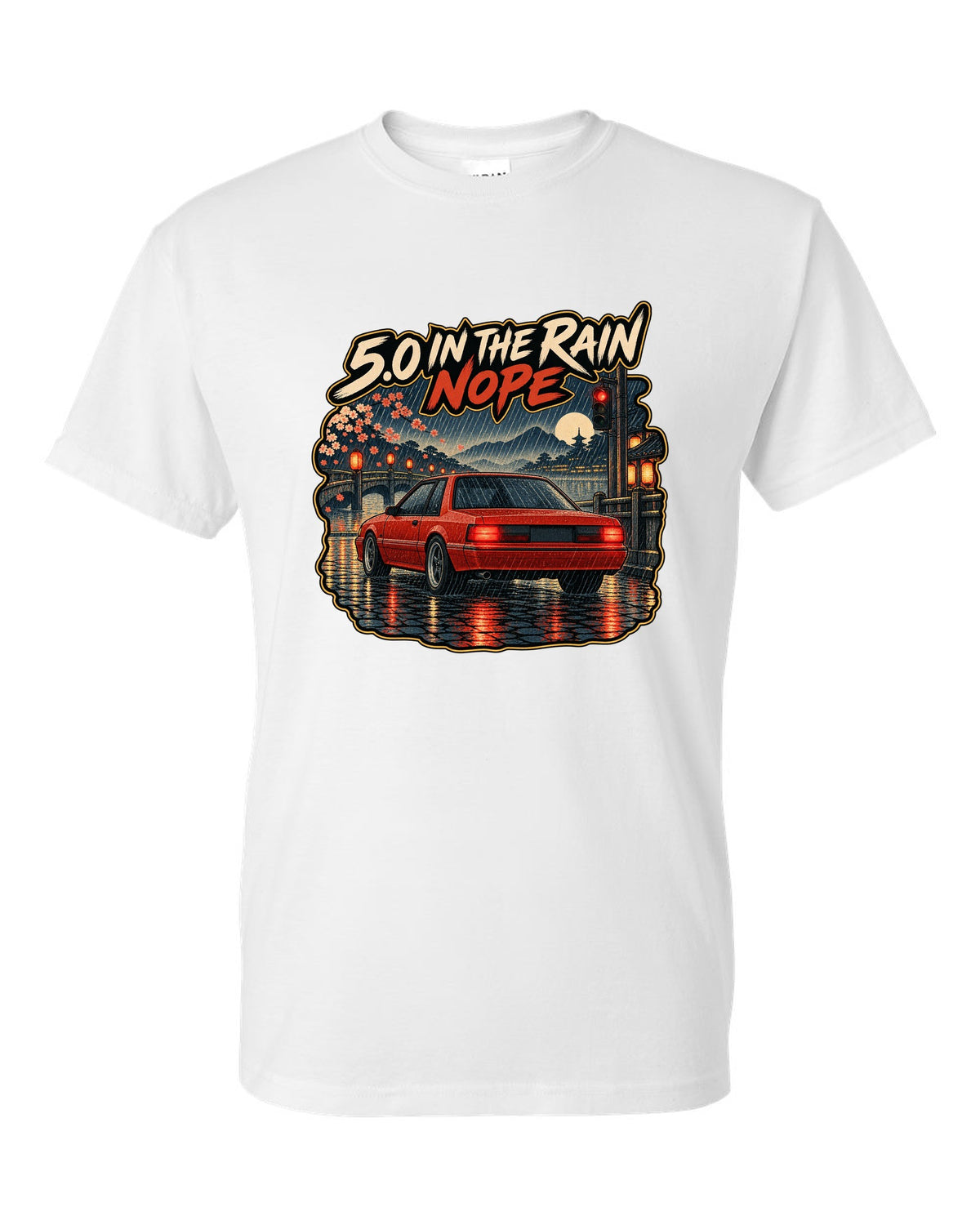 Woodblock style 1990 Ford Mustang Fox Body notchback in rain with 5.0 caption white t-shirt front view with the design